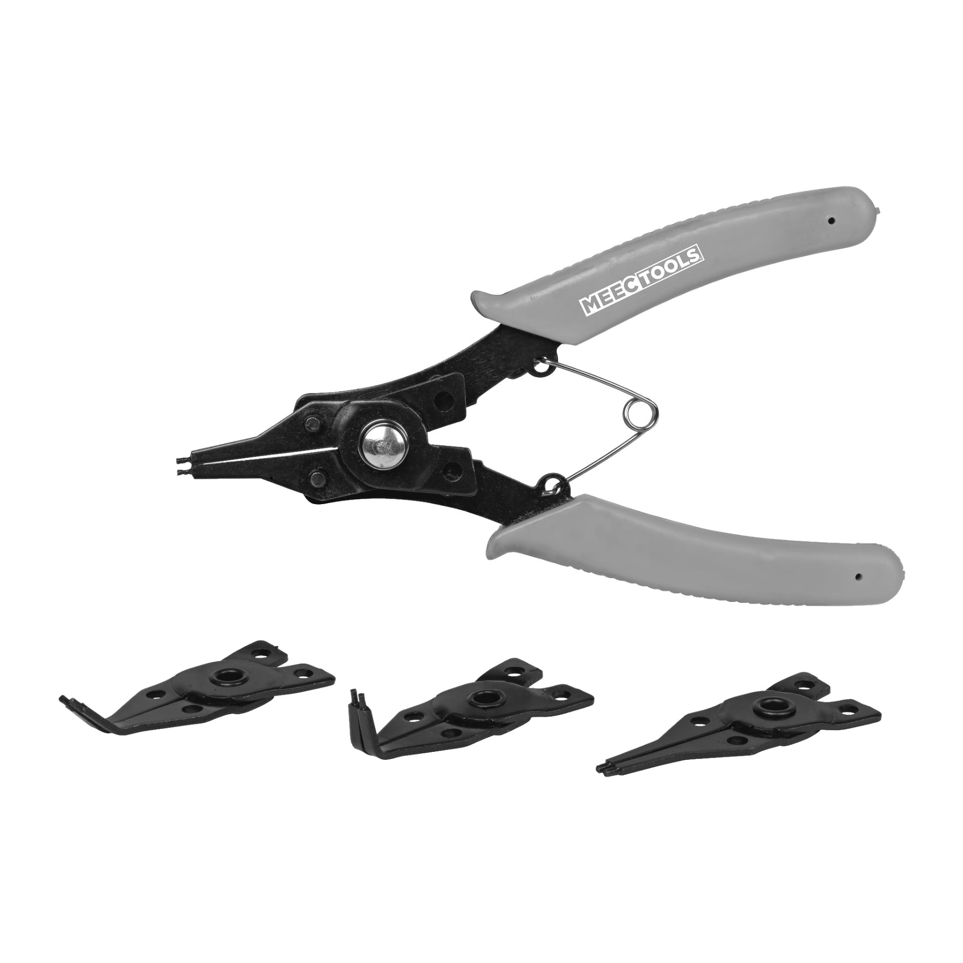 Ett fyrdelat Meec Tools Circlip-tångset med grå handtag och tre utbytbara svarta spetsar.
