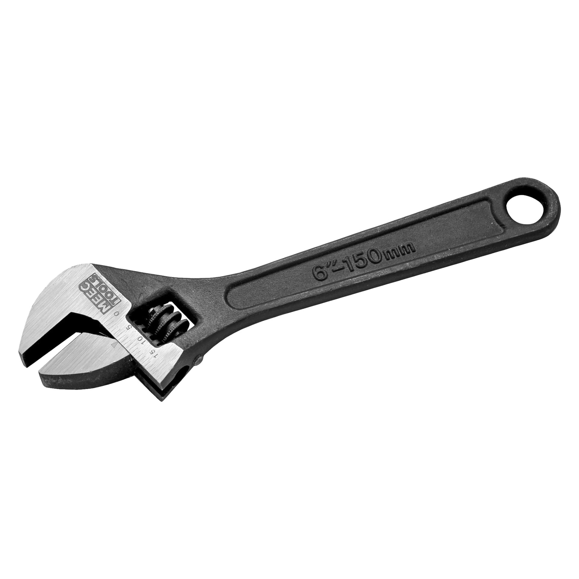 Meec Toolsin säädettävä jakoavain, jossa on mittausmerkit leuassa ja reikä kahvan päässä.