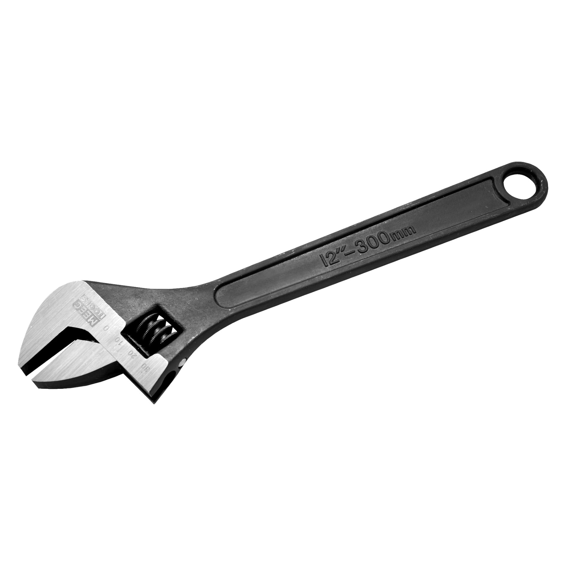 En justerbar skiftnyckel från Meec Tools med metallhuvud och svart handtag som visar mätmarkeringar i både tum och millimeter.