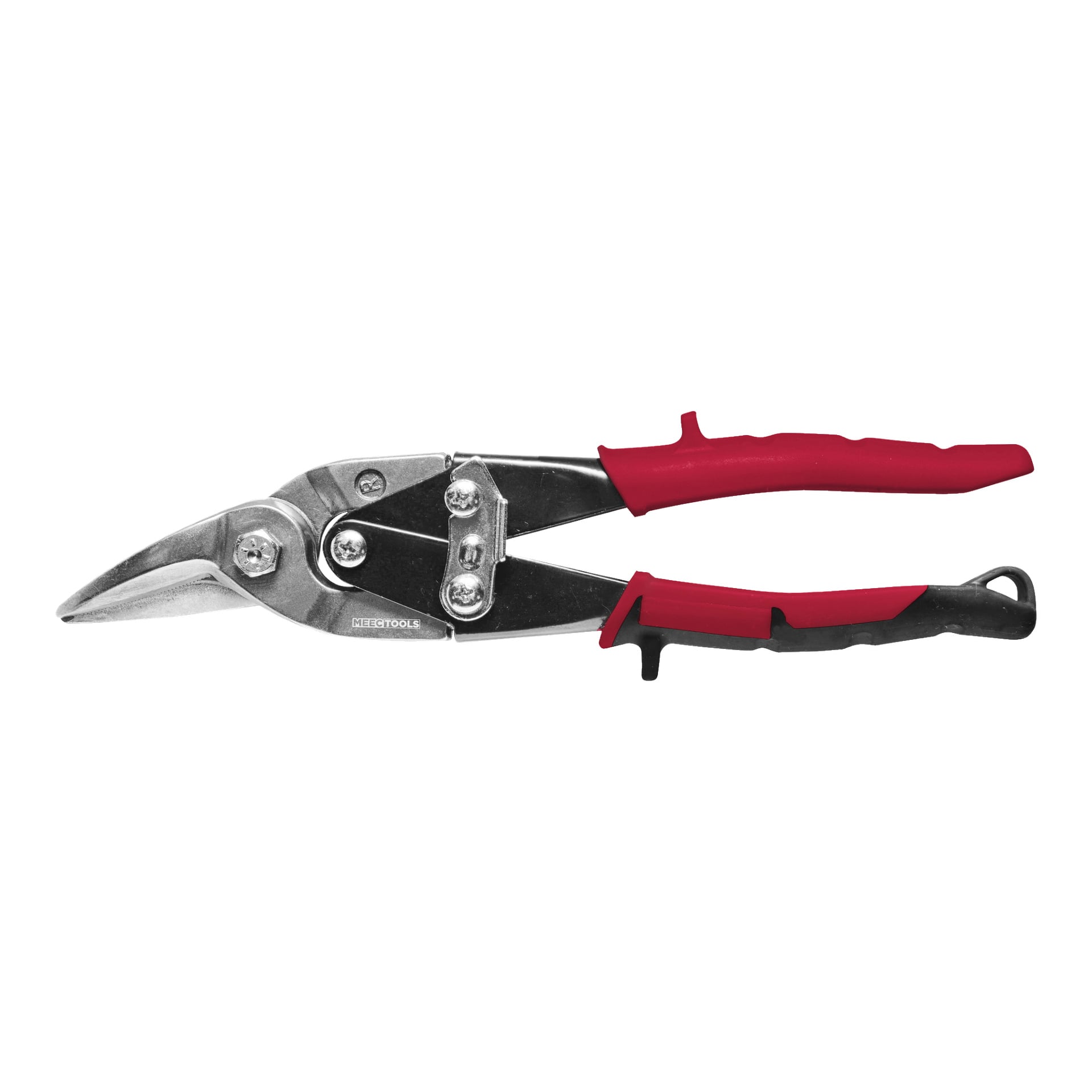 Ett par Meec Tools metallsaxar med ett vasst, vinklat blad och röda och svarta plasthandtag.