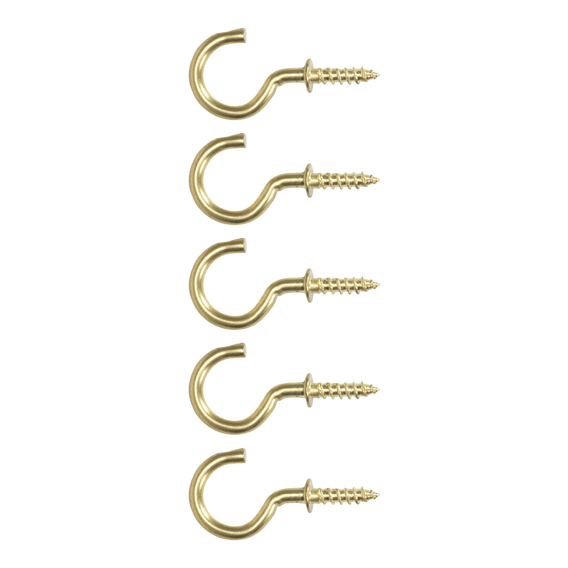 Fem identiska Hard Head skruvkrokar från ett 5-pack är uppradade i en vertikal rad, var och en med sin öppna ände vänd åt vänster.
