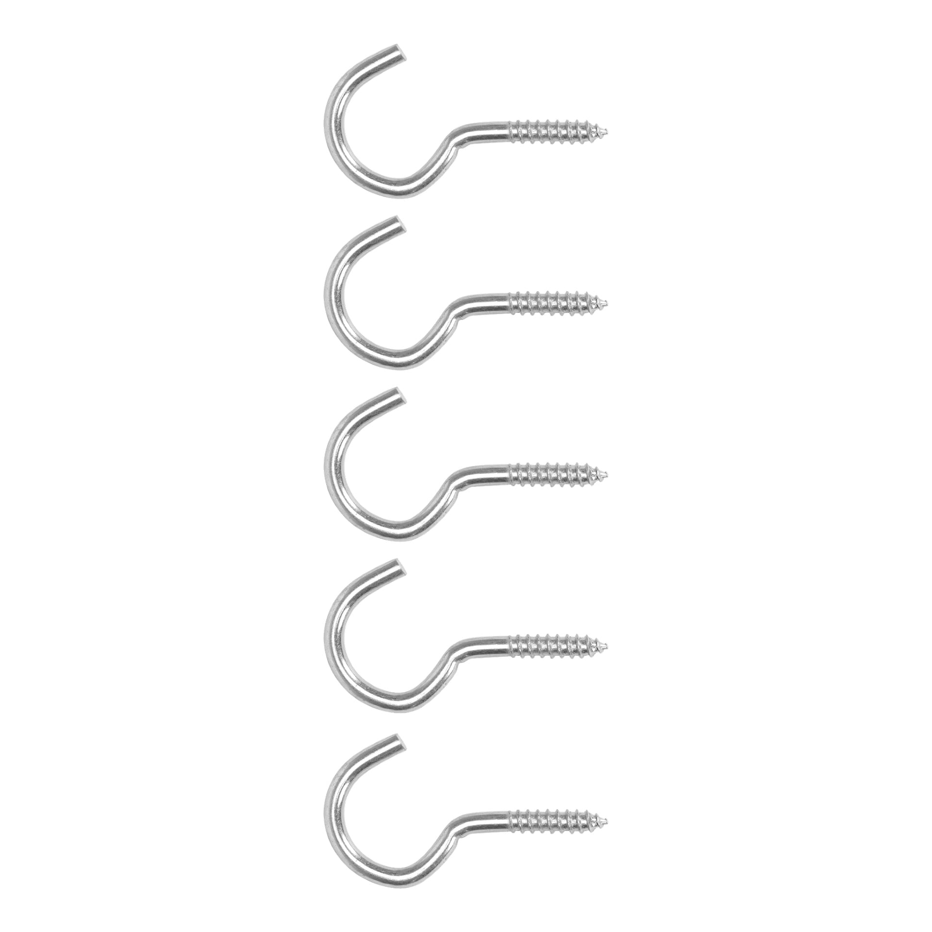 Fem silverfärgade skruvkrokar från Hard Head Screw 5-packet är uppradade vertikalt i en enda kolumn, alla med öppna ändar pekande åt vänster.
