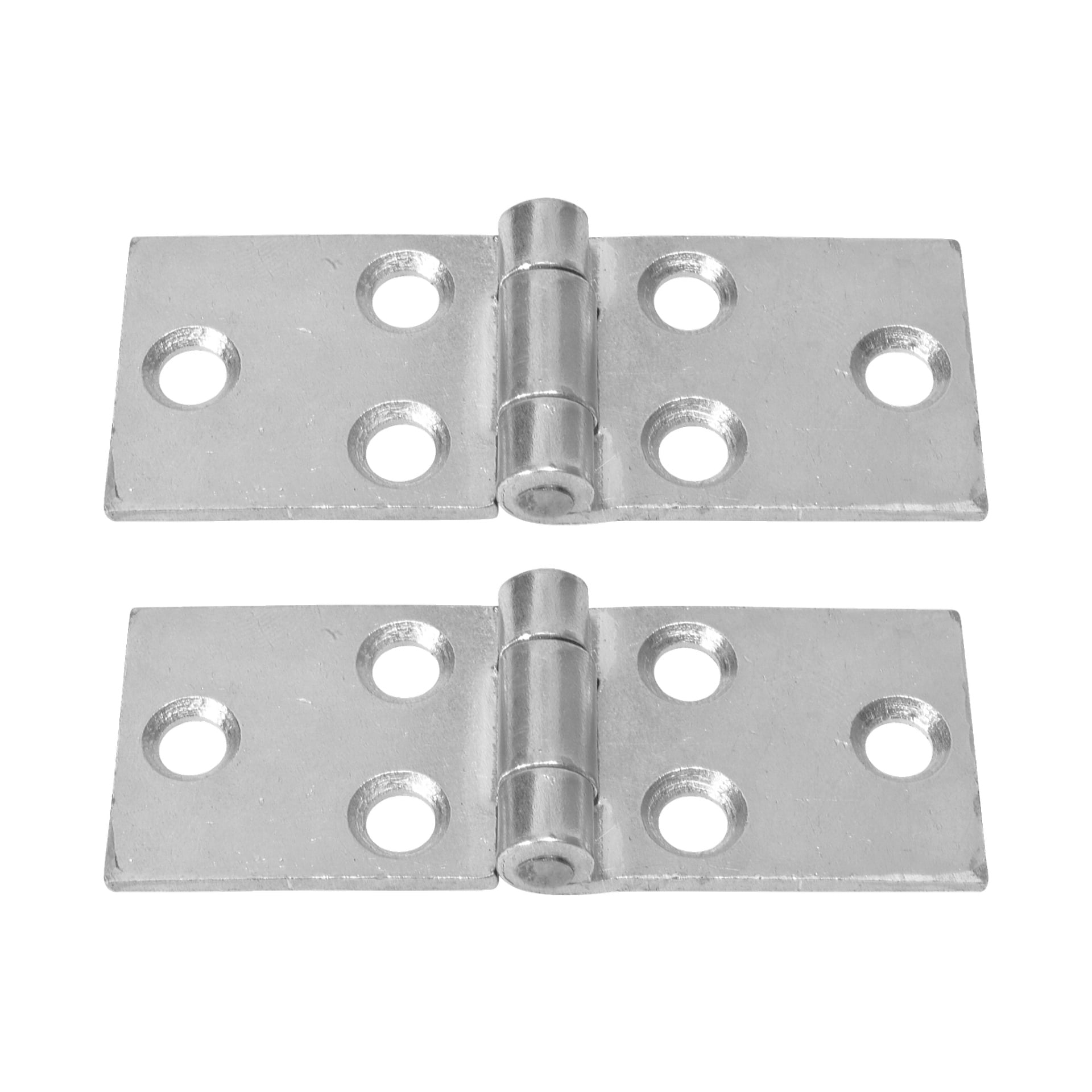 Två identiska Hard Head Jointed gångjärns-2-pack, tillverkade av silvermetall med fyra skruvhål på varje sida, är placerade horisontellt och parallellt med varandra.