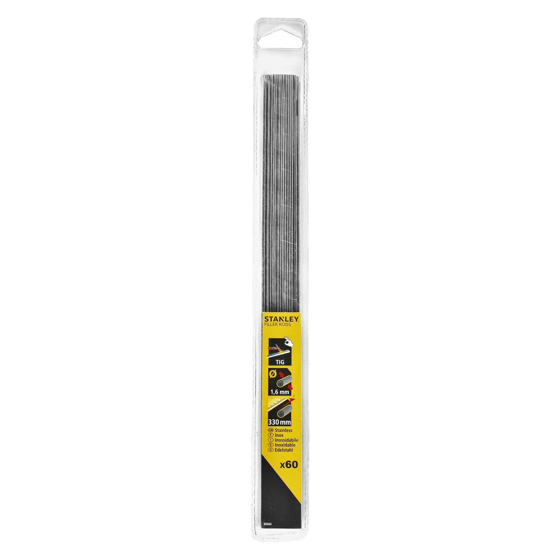 Ett högt, genomskinligt plastpaket rymmer 60 Stanley TIG-svetsstänger, där varje stång är 1,6 mm tjock och 330 mm lång. Förpackningen har en gul och svart etikett med produktnamnet och ikoner som anger mått och avsedd användning.