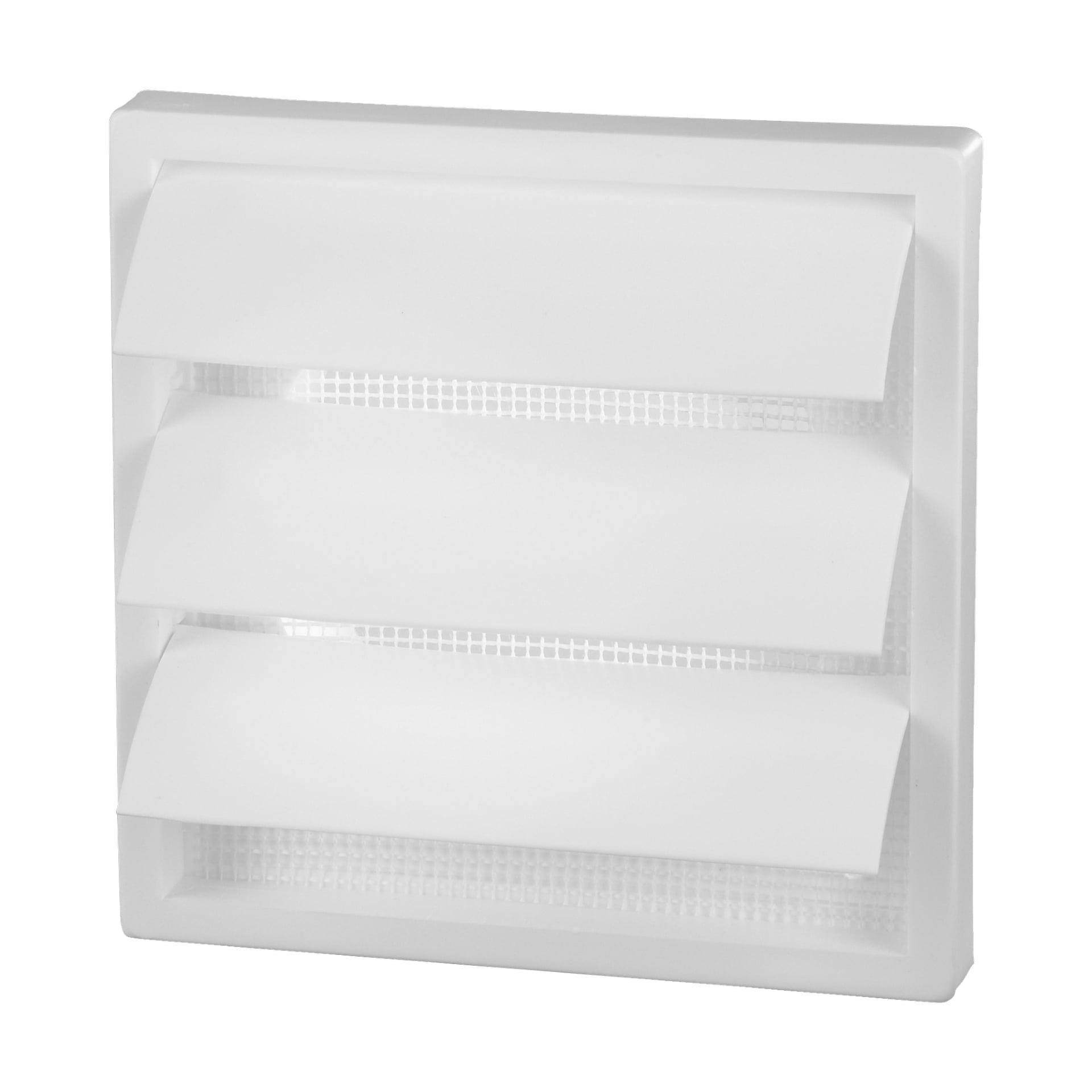 Anslut Ventilator är ett vitt, rektangulärt väggventilskydd med tre vinklade ribbor och ett nätnät, utformat för effektiv luftflöde.