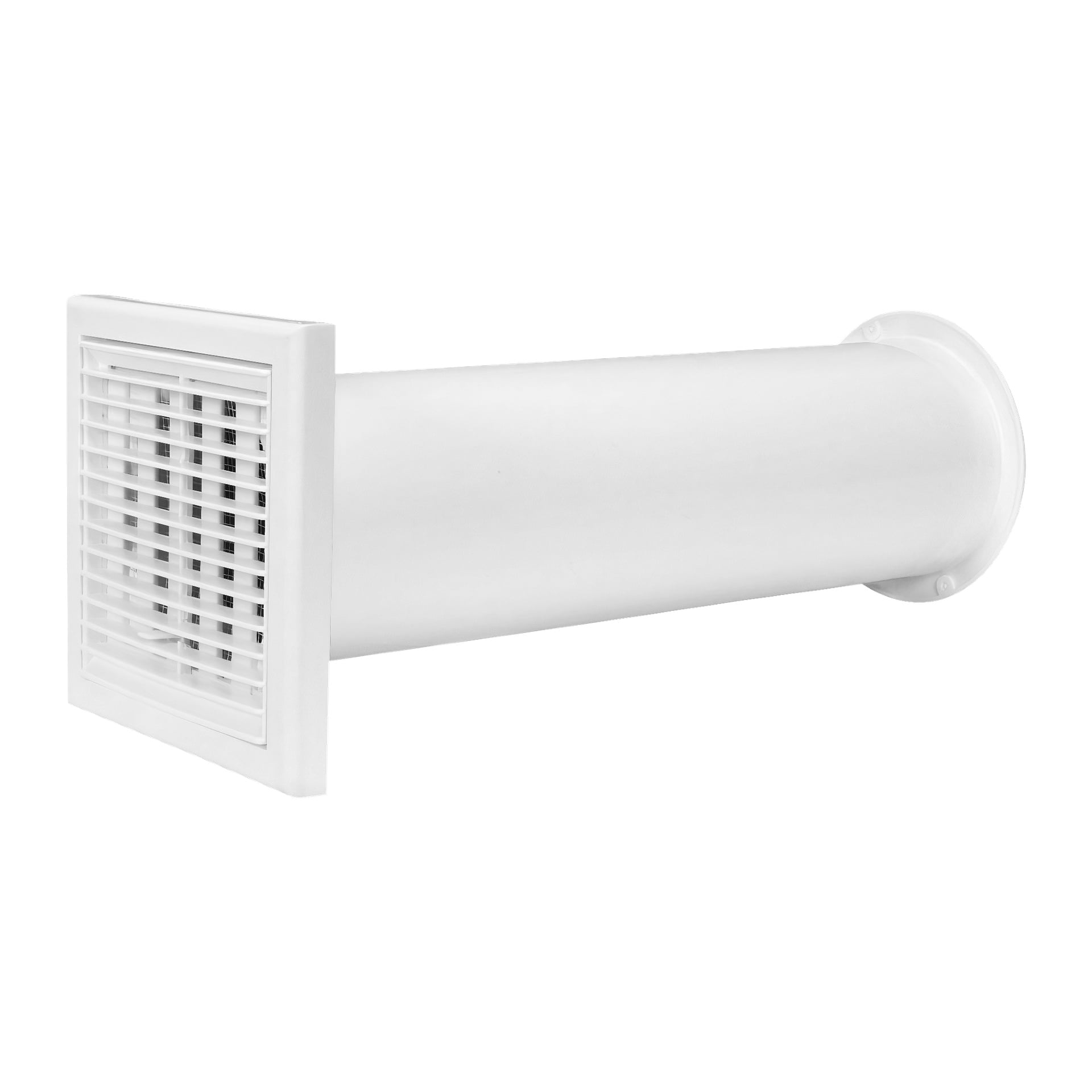 Ett vitt cylindriskt Anslut-ventilationskit med rektangulärt lamelllock och en cirkulär bakre platta, avsedd för väggventilation.