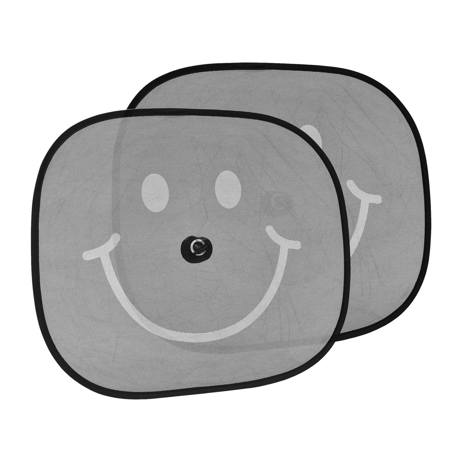 Et par grå nettingsolbriller til biler med svart kant fra Hamron, merket Sunshade Smile 2-pakke. Begge solskjermene viser et fremtredende hvitt smilende ansikt i midten, inkludert to øyne, en nese og en buet munn.