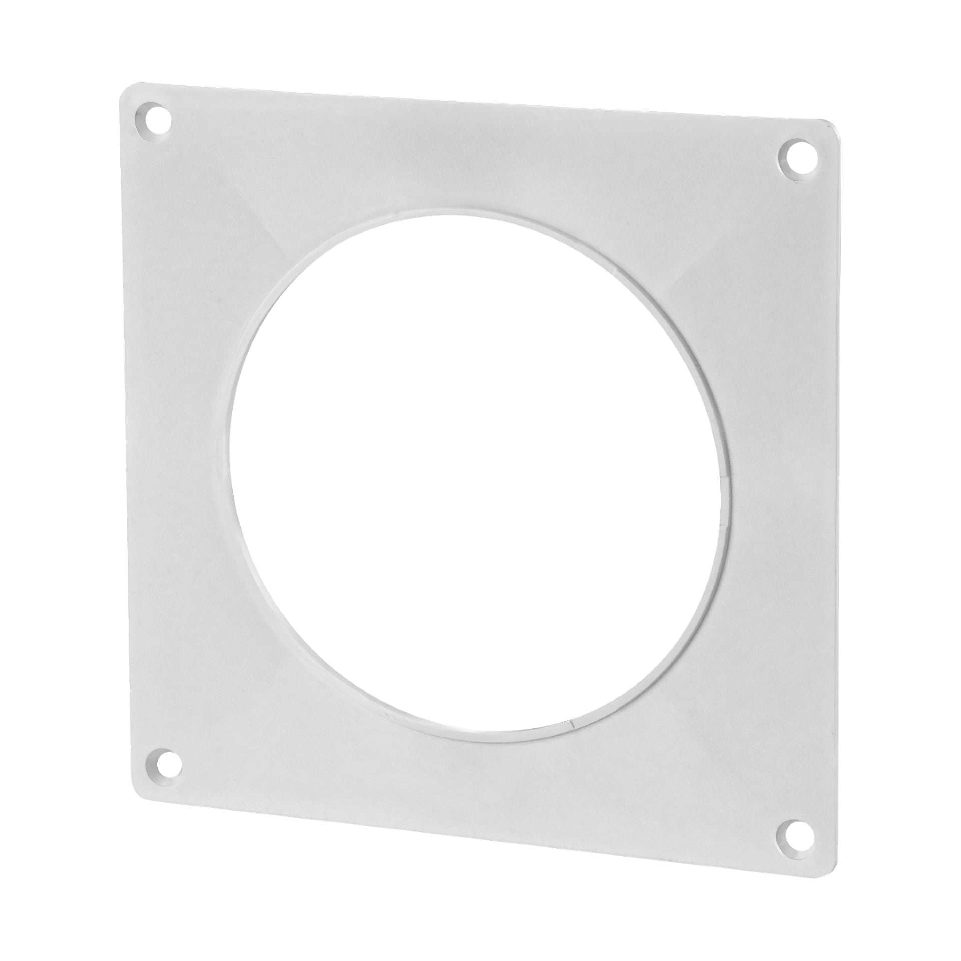 Anslut Cover Plate: neliönmuotoinen valkoinen muovipaneeli, jossa on suuri keskellä oleva pyöreä aukko ja neljä ruuvinreikää, yksi kummassakin kulmassa, pystyasennossa.