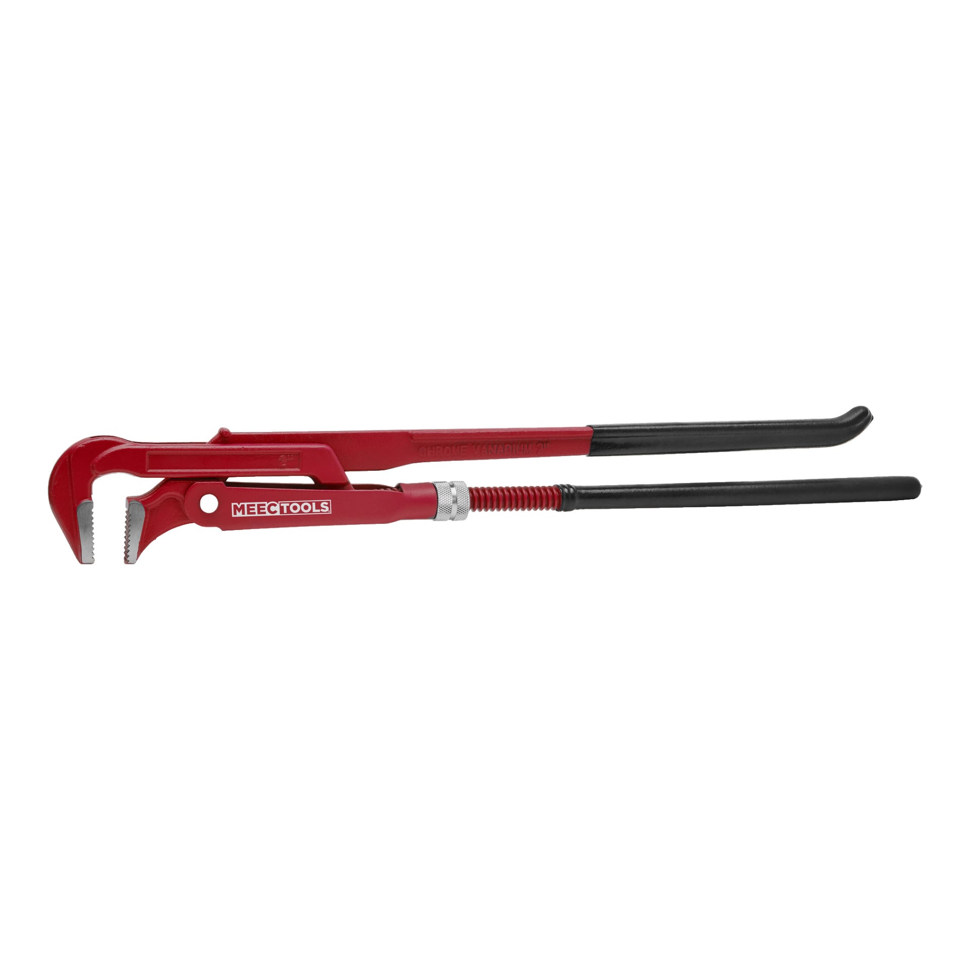 En Meec Tools piptång med röd kropp, silverfärgad justeringsmutter och svarta handtag är placerad horisontellt.