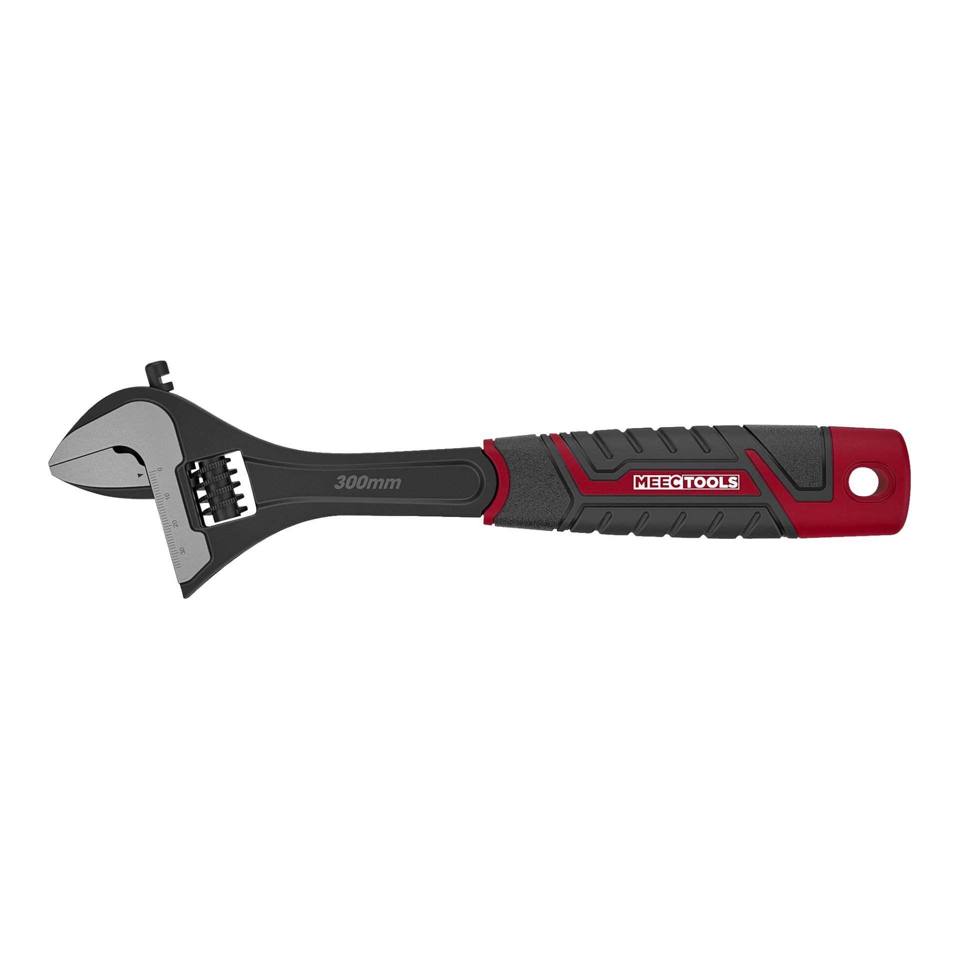 Regulowany klucz Meec Tools o średnicy 300 mm z czarno-czerwonym uchwytem, wyposażony w metalowy mechanizm regulacji, skalę na szczęce do pomiarów, antypoślizgowy uchwyt o teksturze oraz otwór na końcu uchwytu.