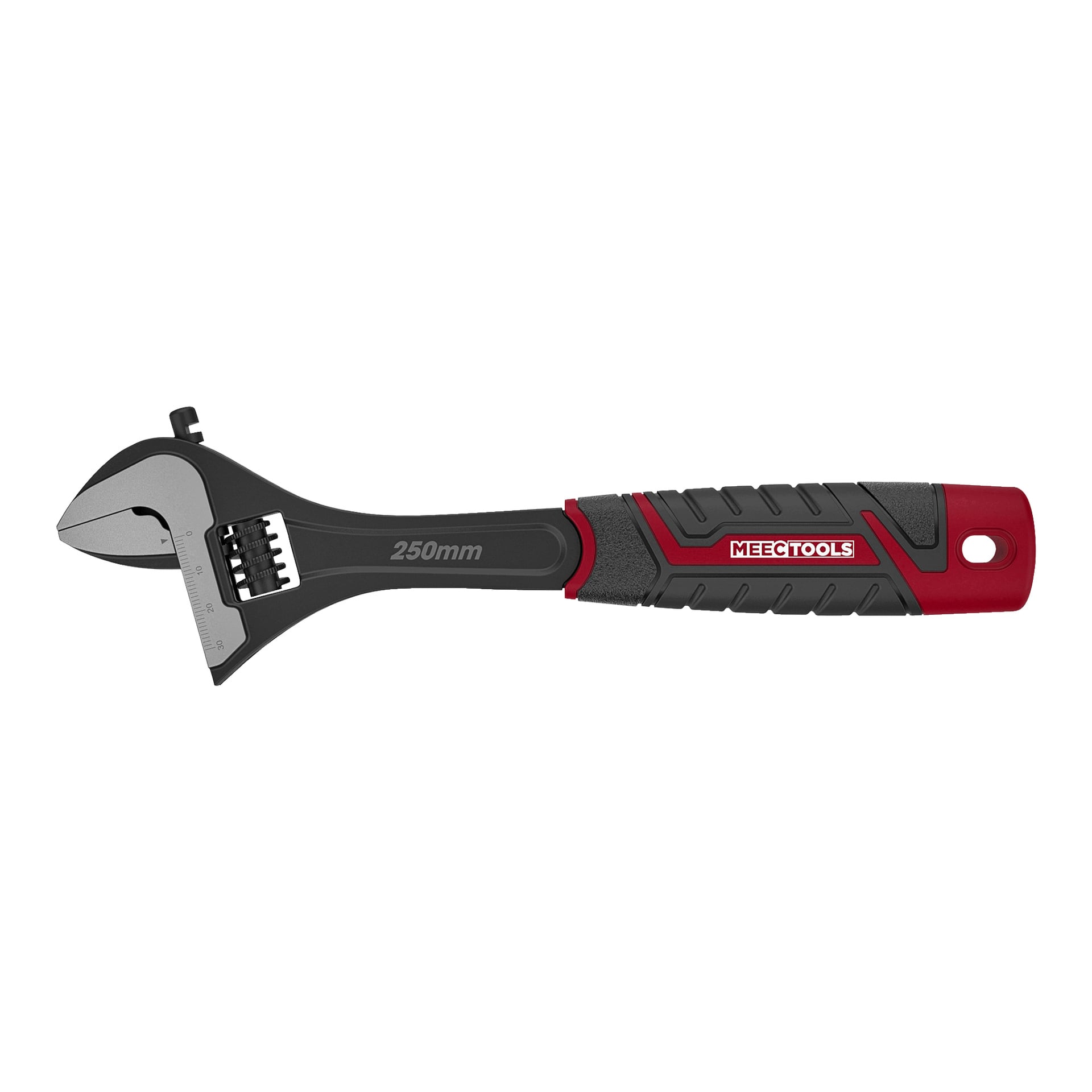 En justerbar skiftnyckel från Meec Tools med svart och rött handtag, som visar 250 mm storleksmarkeringen och varumärket tryckt på handtaget.