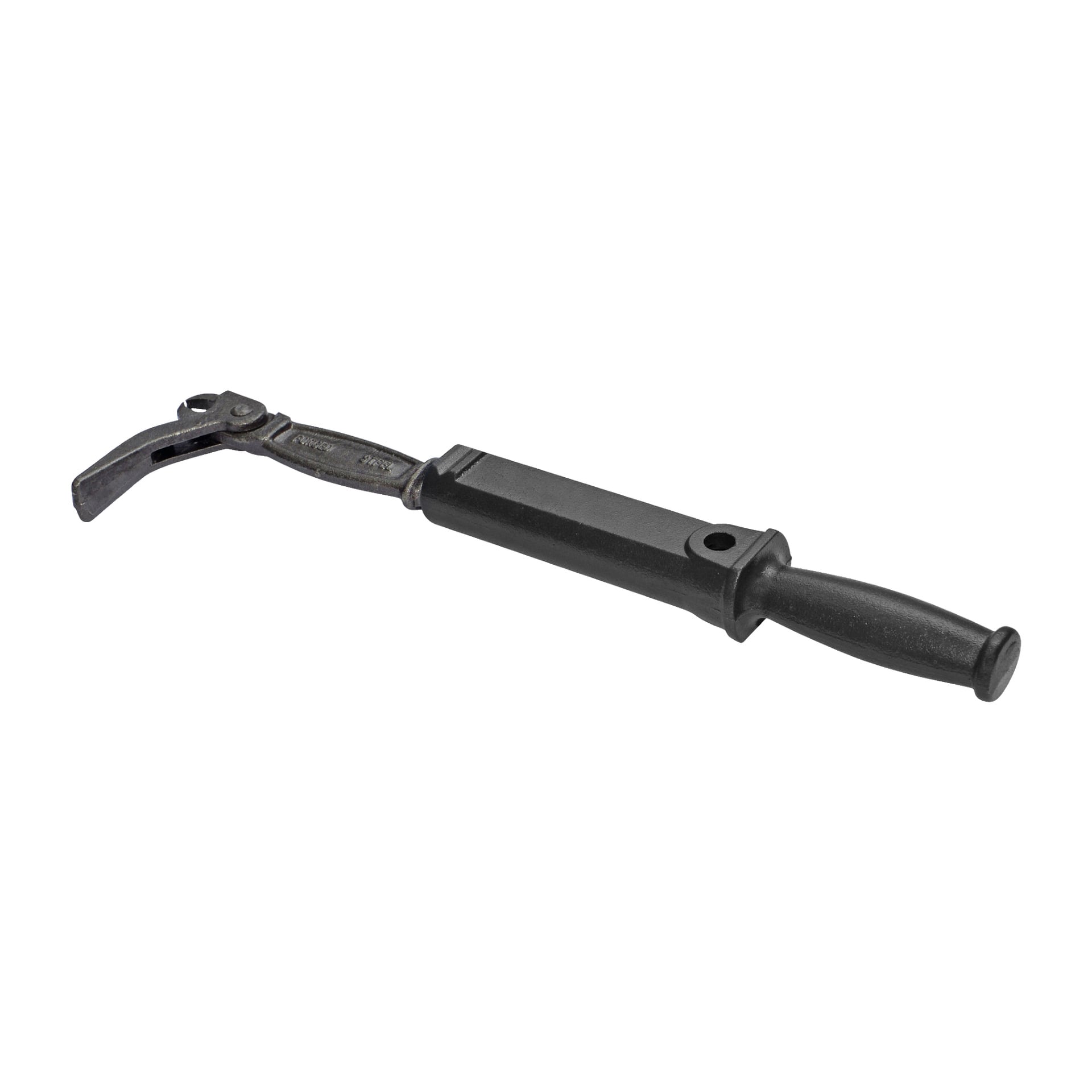 En metall Meec Tools spikutdragare/slidehammare med svart handtag och en justerbar, gångjärnsförsedd klämma i ena änden som används för grepp eller vridning. Klämman kopplas till en rektangulär axel som har ett hål placerat nära handtaget.