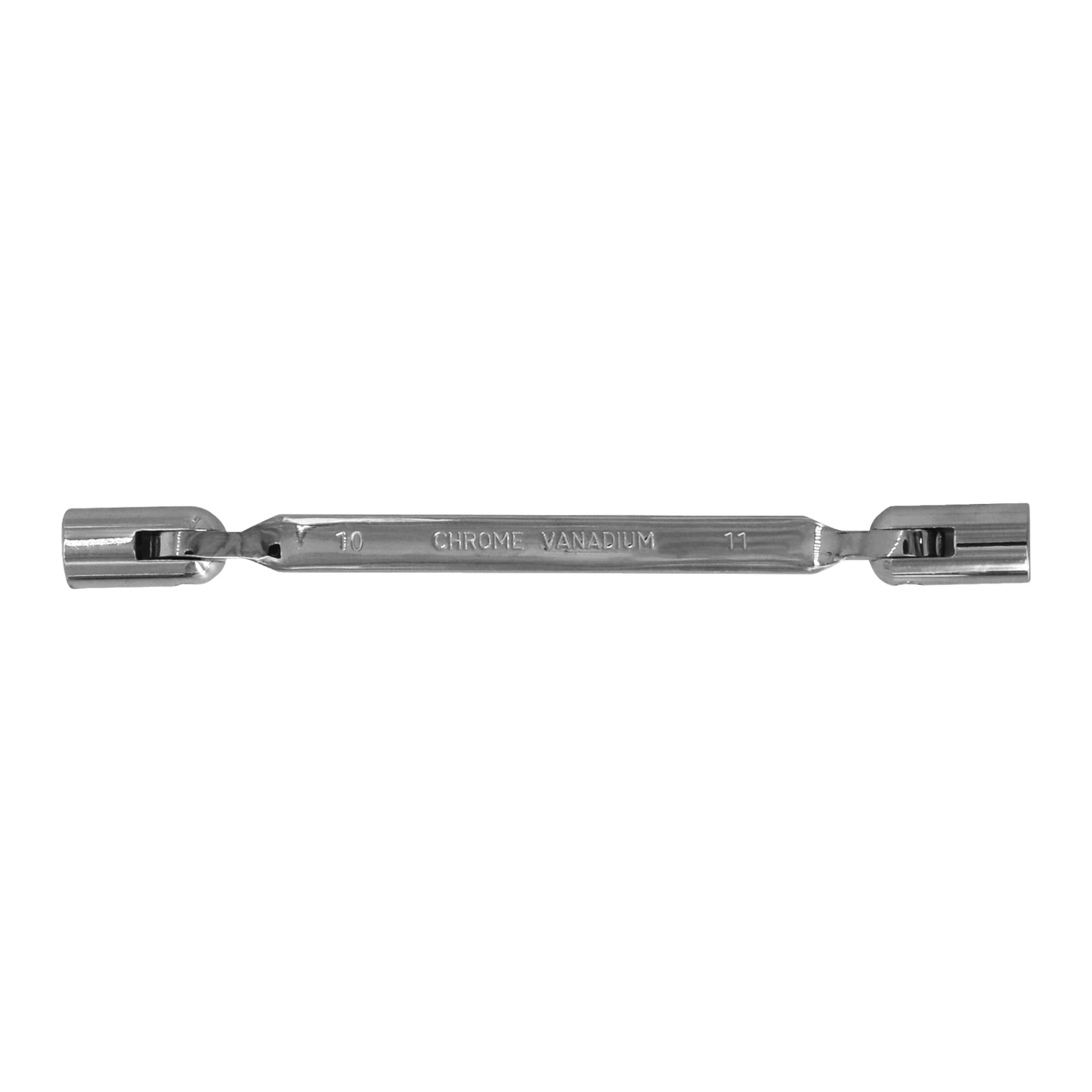 Prezentowany jest klucz Meec Tools Flex z dwustronnymi nasadkami 10 mm i 11 mm.