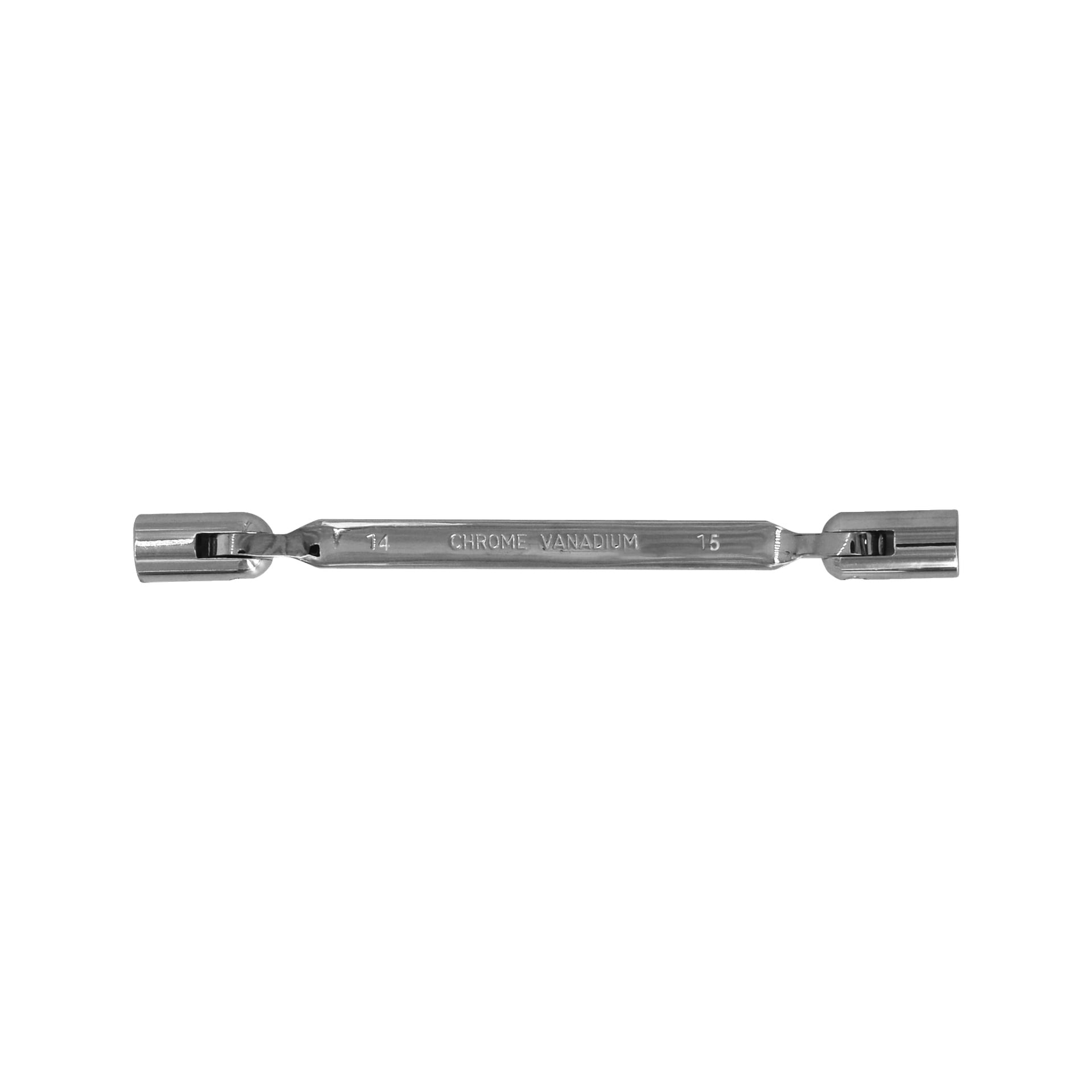 En Meec Tools Flex-nyckel med 14 mm och 15 mm kromvanadinhylsor i vardera änden.