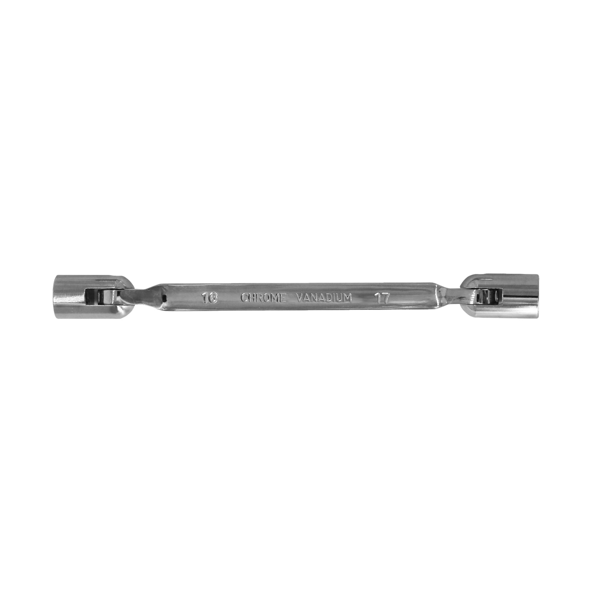 En Meec Tools Flex-nyckel med dubbeländade 16 mm och 17 mm hylsor tillverkade av kromvanadiumstål.