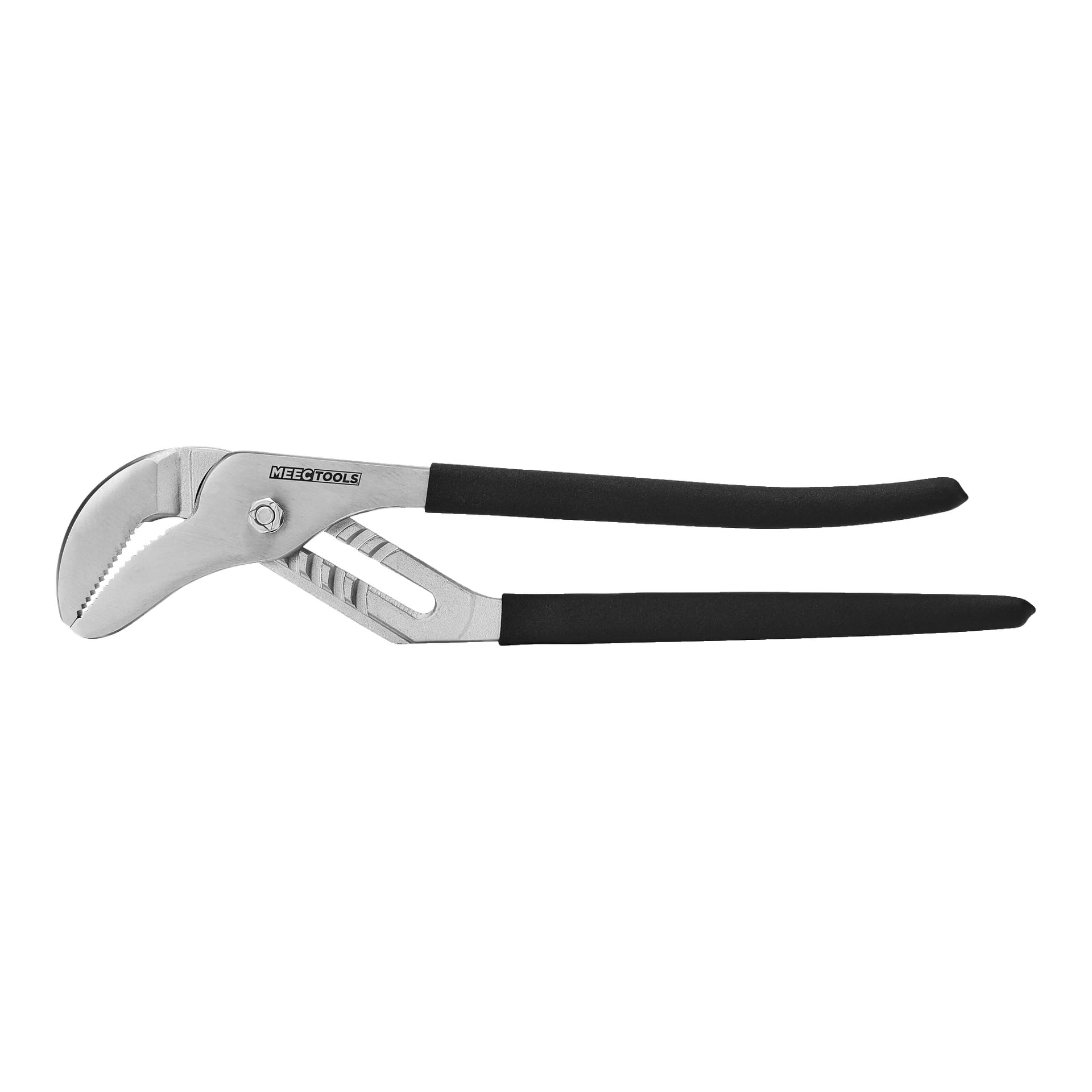 Vattenpumpstång med svarta gummibelagda handtag visas, med varumärket Meec Tools nära ledpunkten.