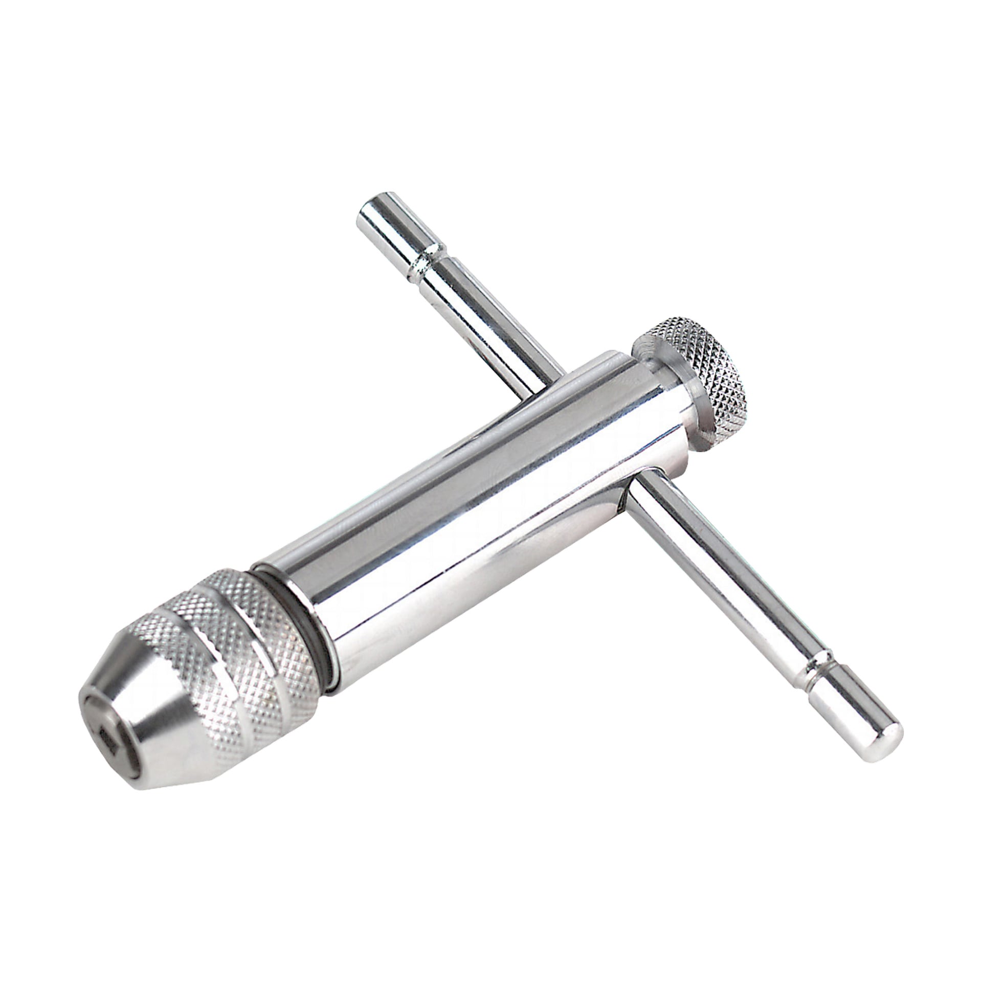 En Meec Tools tapphållare av metall, designad som en T-handtagstappnyckel med två sidohandtag och en cylinderformad huvudkropp. Den inkluderar en texturerad, justerbar chuck för att greppa kranar eller andra små verktyg säkert under användning.