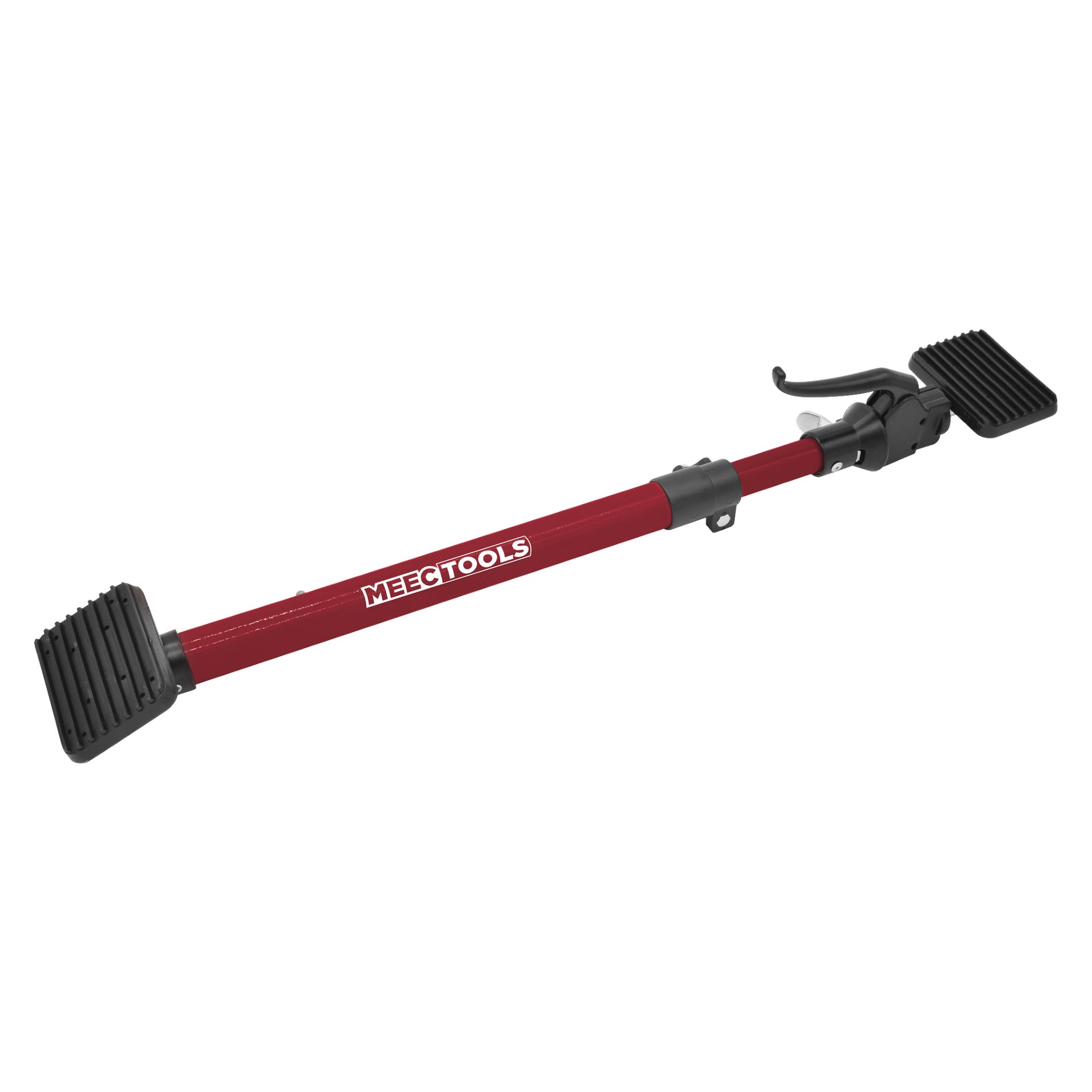 Ett rött Meec Tools teleskopstöd med justerbar längd, svarta gummiändlock och en hävarmsmekanism för att låsa eller hålla saker säkert.