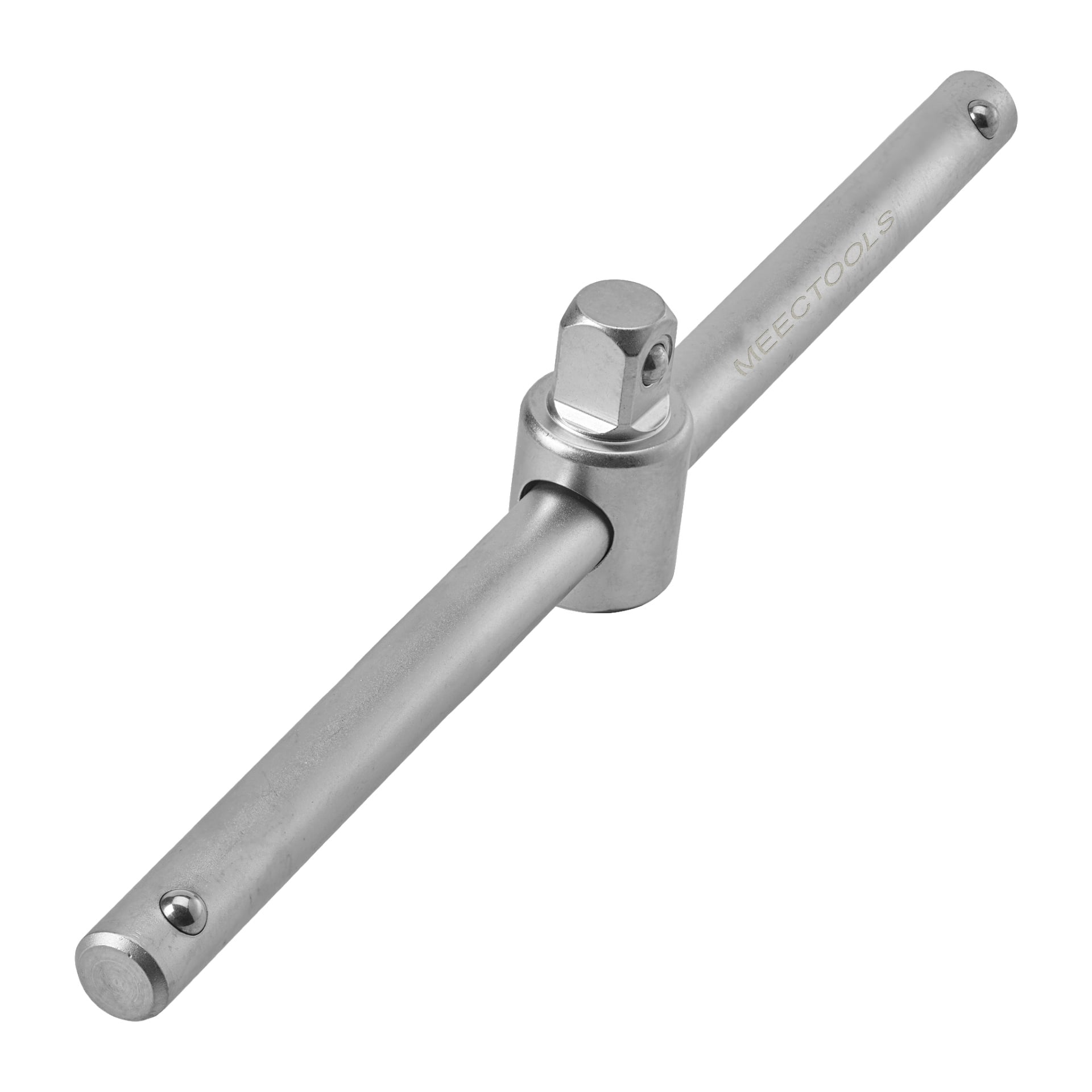 Metalowa rękojeść w kształcie litery T od Meec Tools, zaprojektowana z obrotowym kwadratowym napędem na środku i otworem na każdym końcu. Nazwa marki Meec Tools jest wygrawerowana po boku.