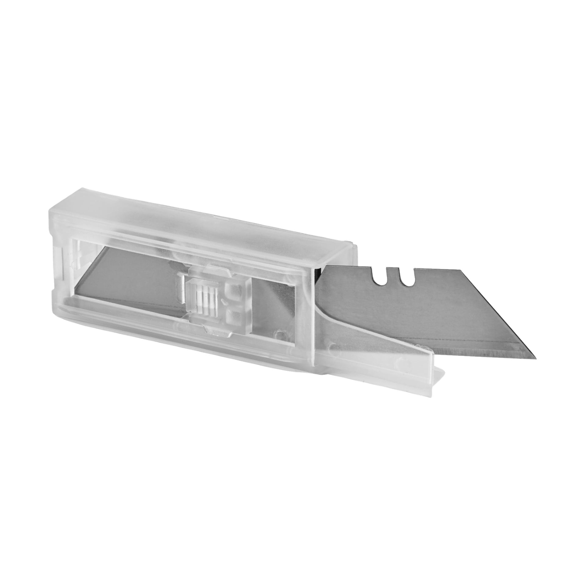 En närbild på ett rakblad från Meec Tools från Blades 10-paketet, delvis synligt på höger sida inuti dess genomskinliga plastbehållare.