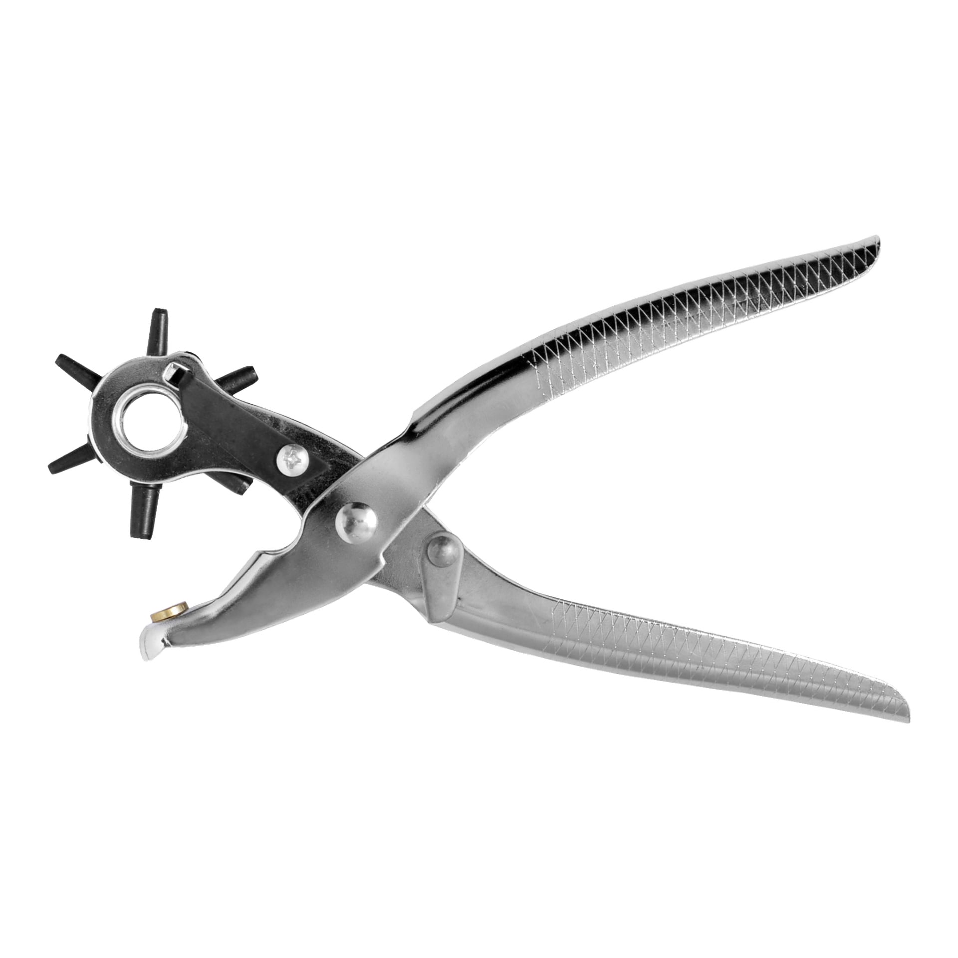 Ett par Meec Tools roterande hålstansar med texturerade grepp, ett roterande hjul för att välja olika stansstorlekar och en fjäderbelastad mekanism.