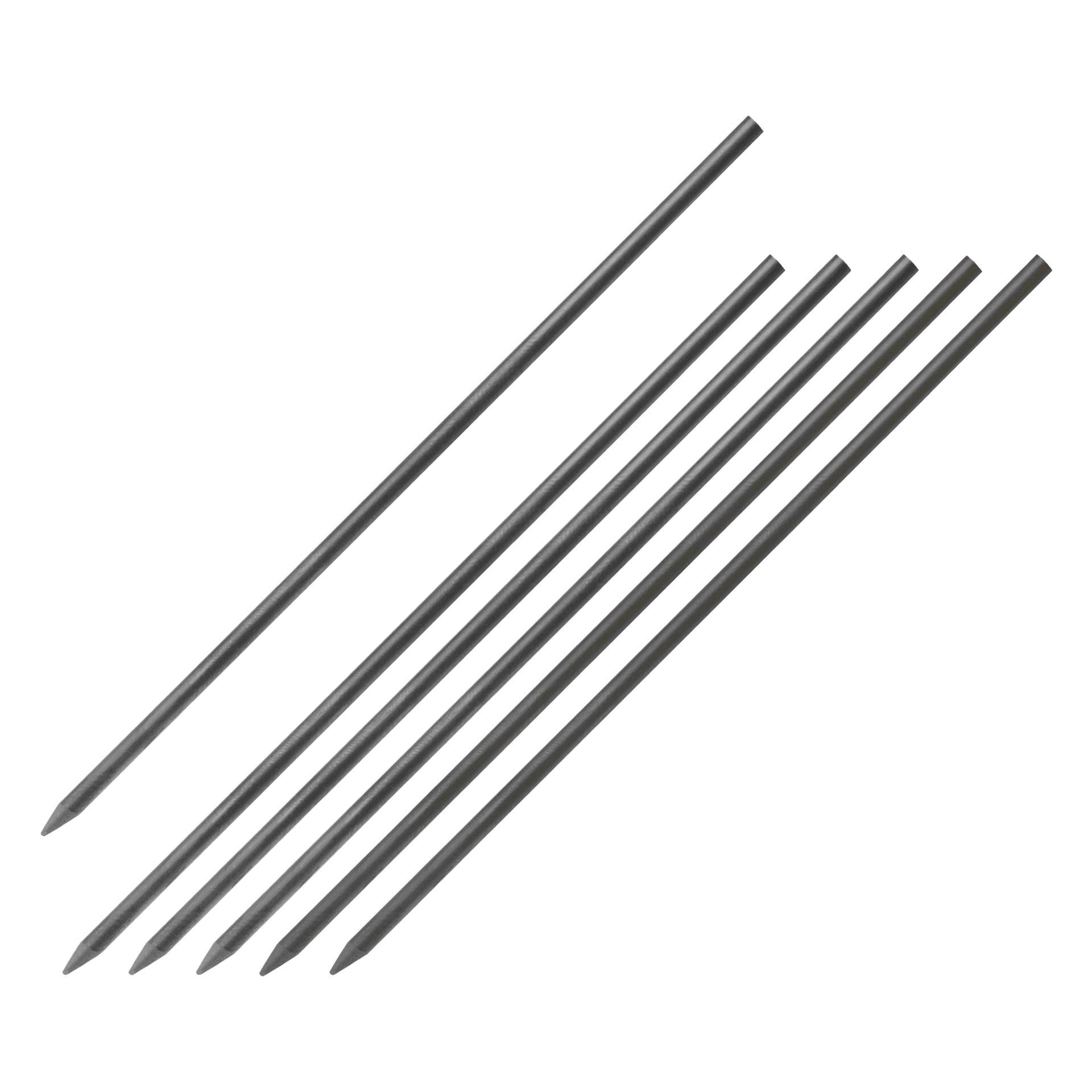 Sex extra stift för en Meec Tools markpenna är utlagda diagonalt. Alla stift har samma storlek och tjocklek, med slanka metallkroppar som slutar i avsmalnande, spetsiga spetsar.