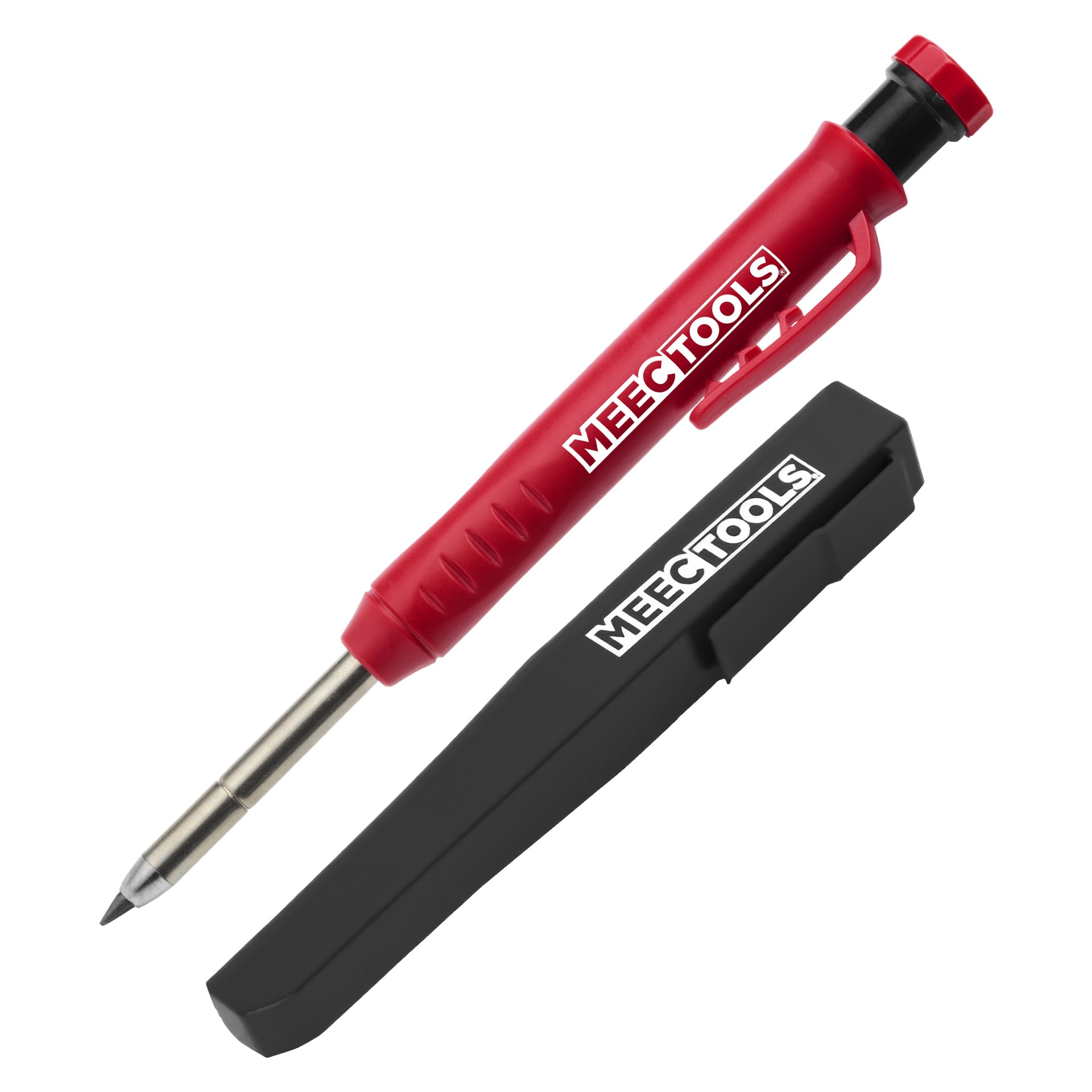 Czerwony marker Meec Tools stoi obok czarnej nakrętki, na której również widnieje logo Meec Tools. Nakładka ma chronić końcówkę markera, gdy nie jest używana.