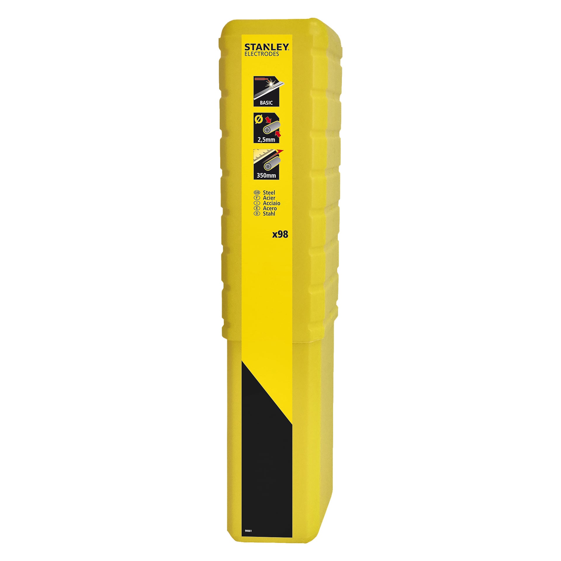 En gul rektangulär låda märkt "Stanley Basic svetselektroder 98 pack" innehåller 98 stålsvetsstänger, var och en 2,5 mm i diameter och 350 mm i längd. Etiketten har Stanleys logotyp, ikoner och grundläggande instruktioner markerade i svart, vitt och rött.