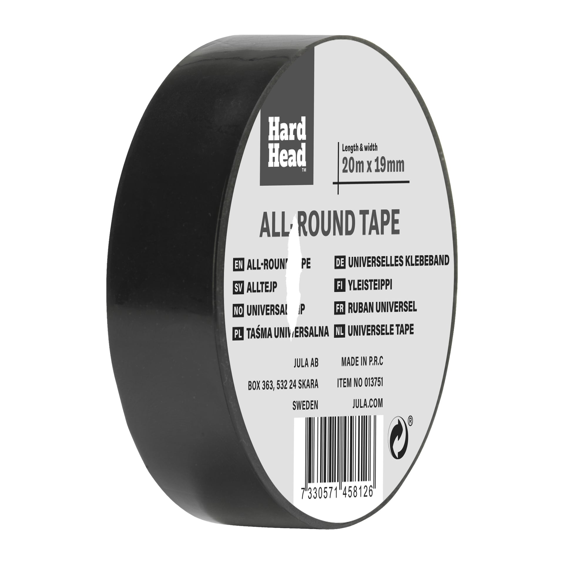 En rulle Hard Head Allround-tejp visar produktinformation, storlek (20m x 19mm), tillverkarens namn (Jula AB) och en streckkod på den svarta förpackningen.
