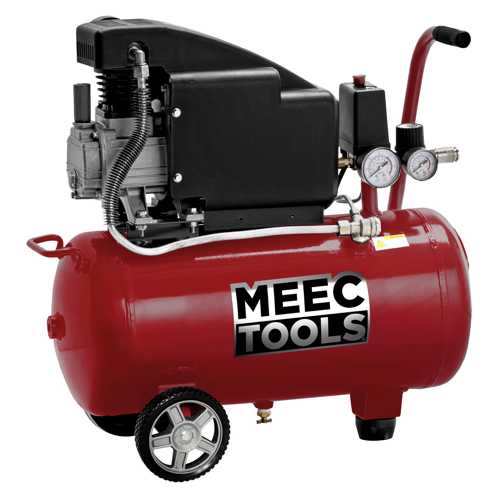 Meec Tools kompressor med to trykkmålere, et håndtak og hjul.