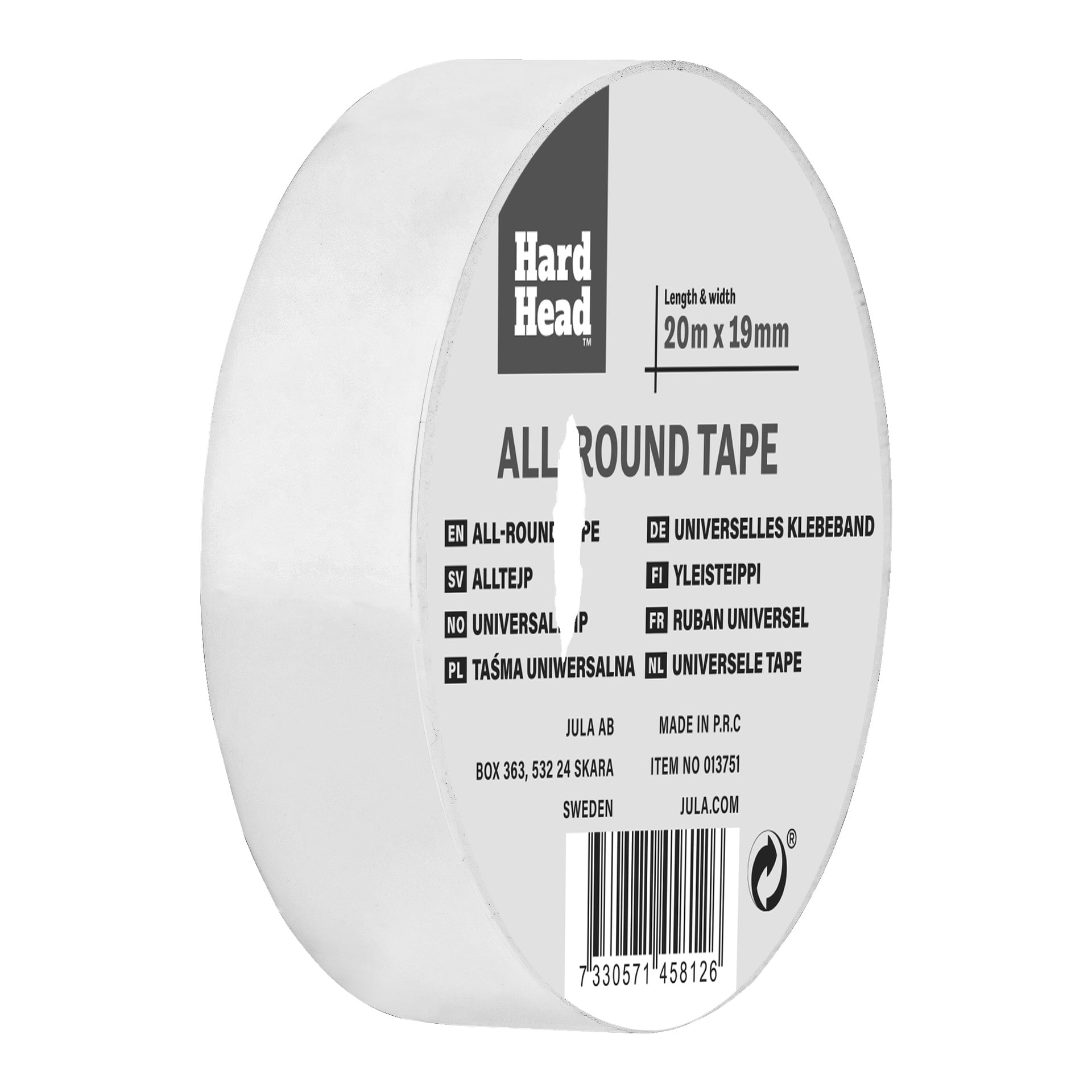 En rulle Hard Head Allround-tejp, 20m x 19mm, med en grå etikett som visar produktdetaljer. Bandet är vitt och förpackningen innehåller en streckkod och en återvinningssymbol.