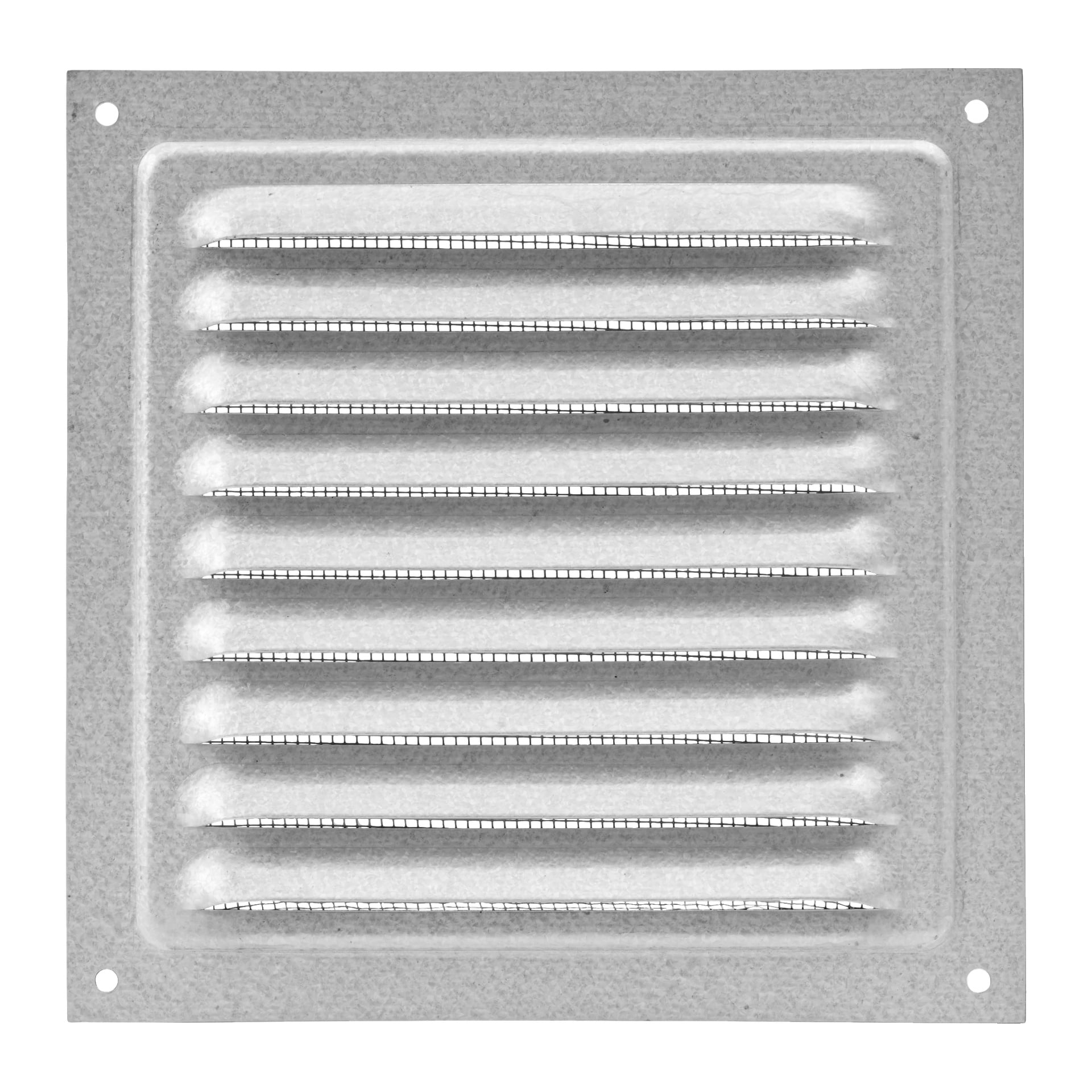 Anslut Ventilator on neliönmuotoinen, metallinen tuuletusaukko, jossa on vaakatasoiset säleet ja pehmeästi pyöristetyt kulmat. Siinä on teksturoitu pinta ja reunojen ympärillä oleva reunus, ja jokaisessa kulmassa on ruuvireiät, jotta se voidaan kiinnittää tukevasti tasaiselle pinnalle.