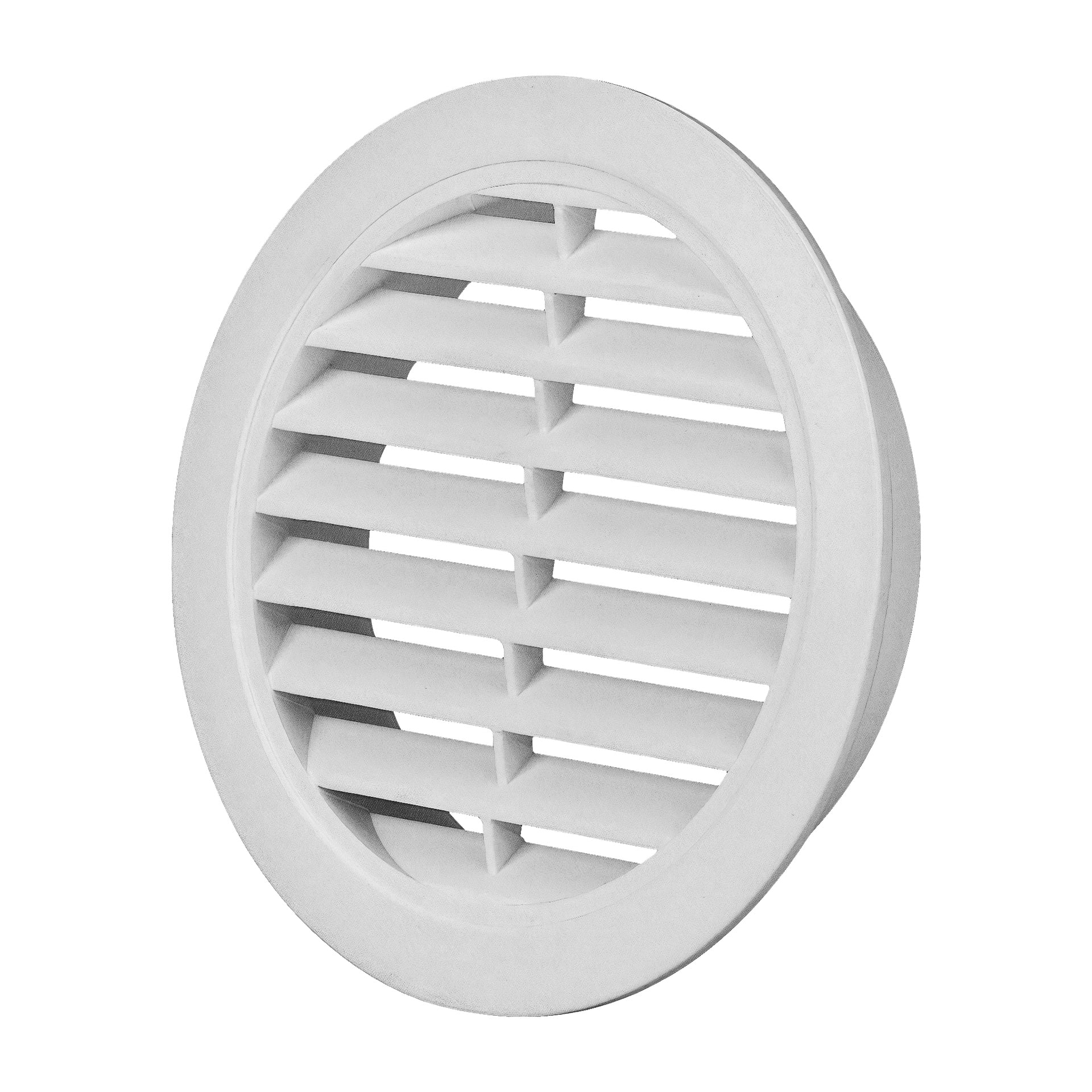 En vit, cirkulär Anslut-plastventilator med nedåtvinklade horisontella ribbor, designad för installation på väggar eller tak.