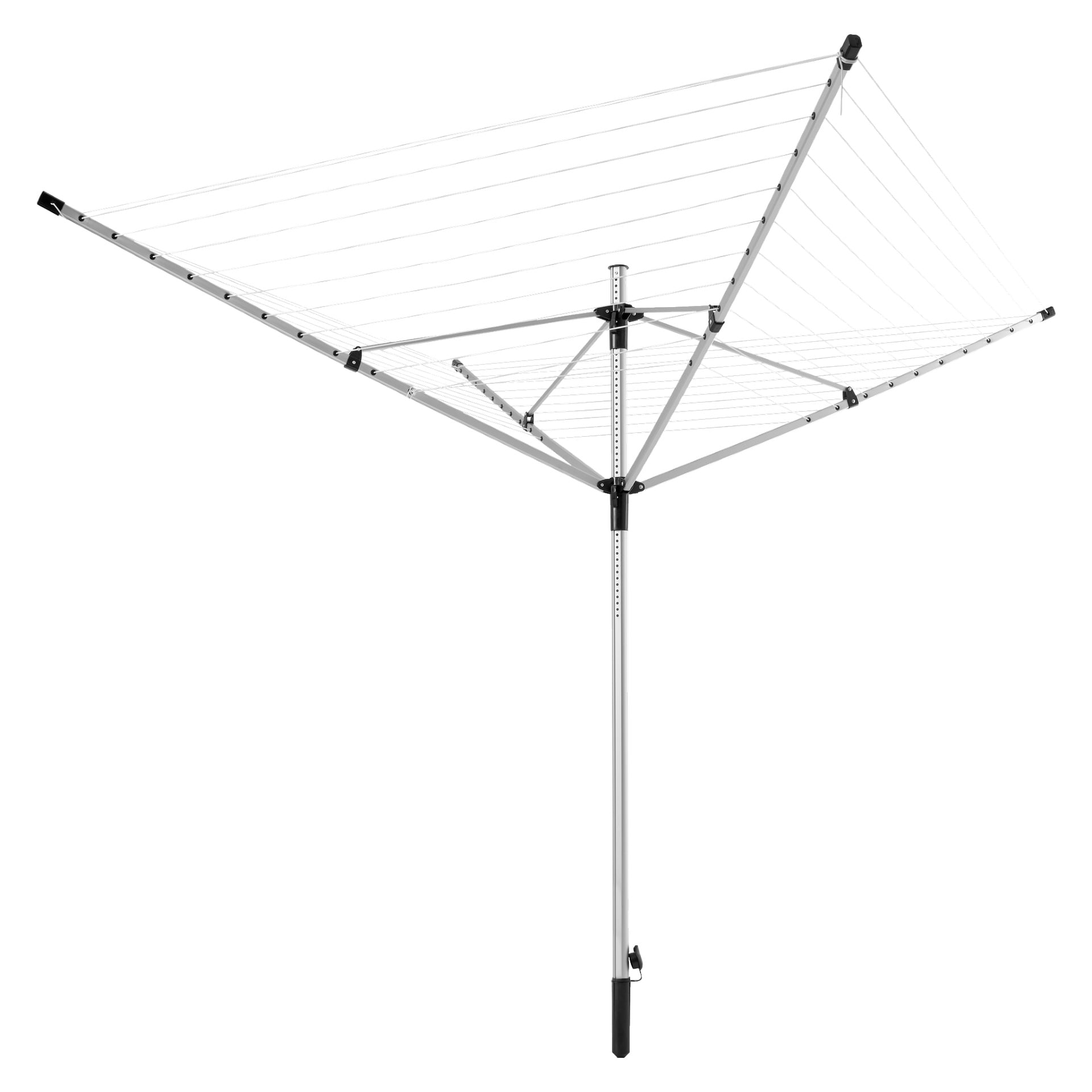 Menuett Rotary Airer, jossa on useita linjoja vaatteiden kuivaamiseen, rakennettu tukevan keskellä olevan metallitangon ympärille ja ulottuvat varret, jotka muodostavat neliönmuotoisen muodon.