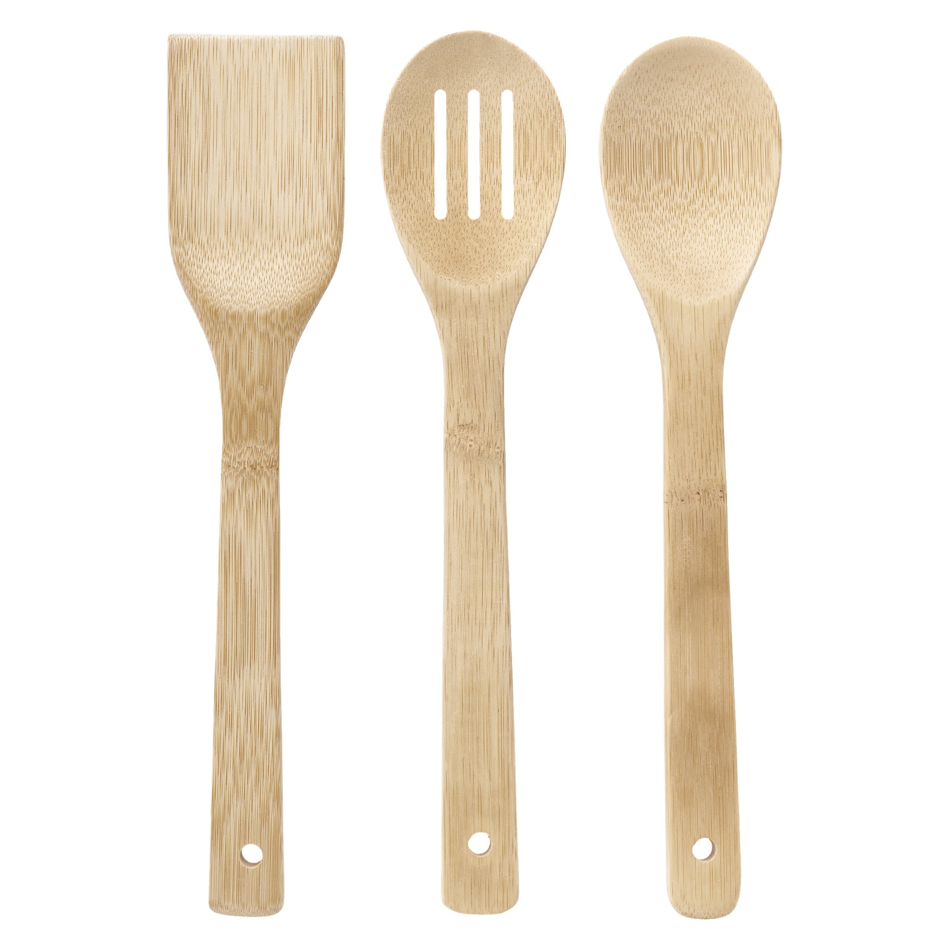 Ett tredelat Menuett Kitchen Putensils-set visas, inklusive en platt stekspade till vänster, en springsked i mitten och en solid sked till höger. Alla redskap har rundade handtag med små hål nära ändarna.