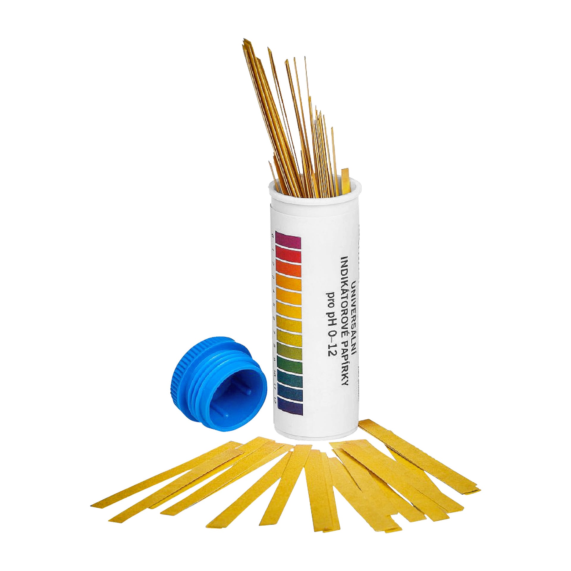 Biały pojemnik Stapar oznaczony "Test strips for pool AQUA FUN 3w1 WOLNY CHLOR 50 pack" mieści kilka żółtych pasków testowych, niektóre pionowe, inne rozłożone, z niebieską nakrętką na boku. Pojemnik zawiera również wydrukowaną tabelę kolorów.