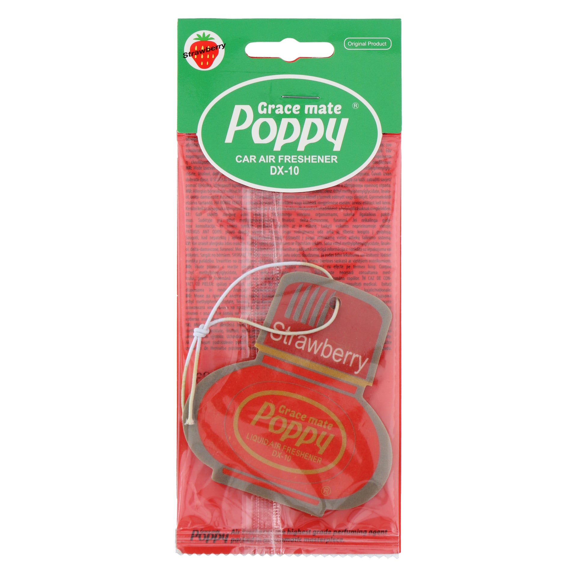 En Poppy Fragrant billuftfräschare i röd och grön förpackning, märkt som Strawberry och med en bild av en röd flaska med en vit hängande tråd.