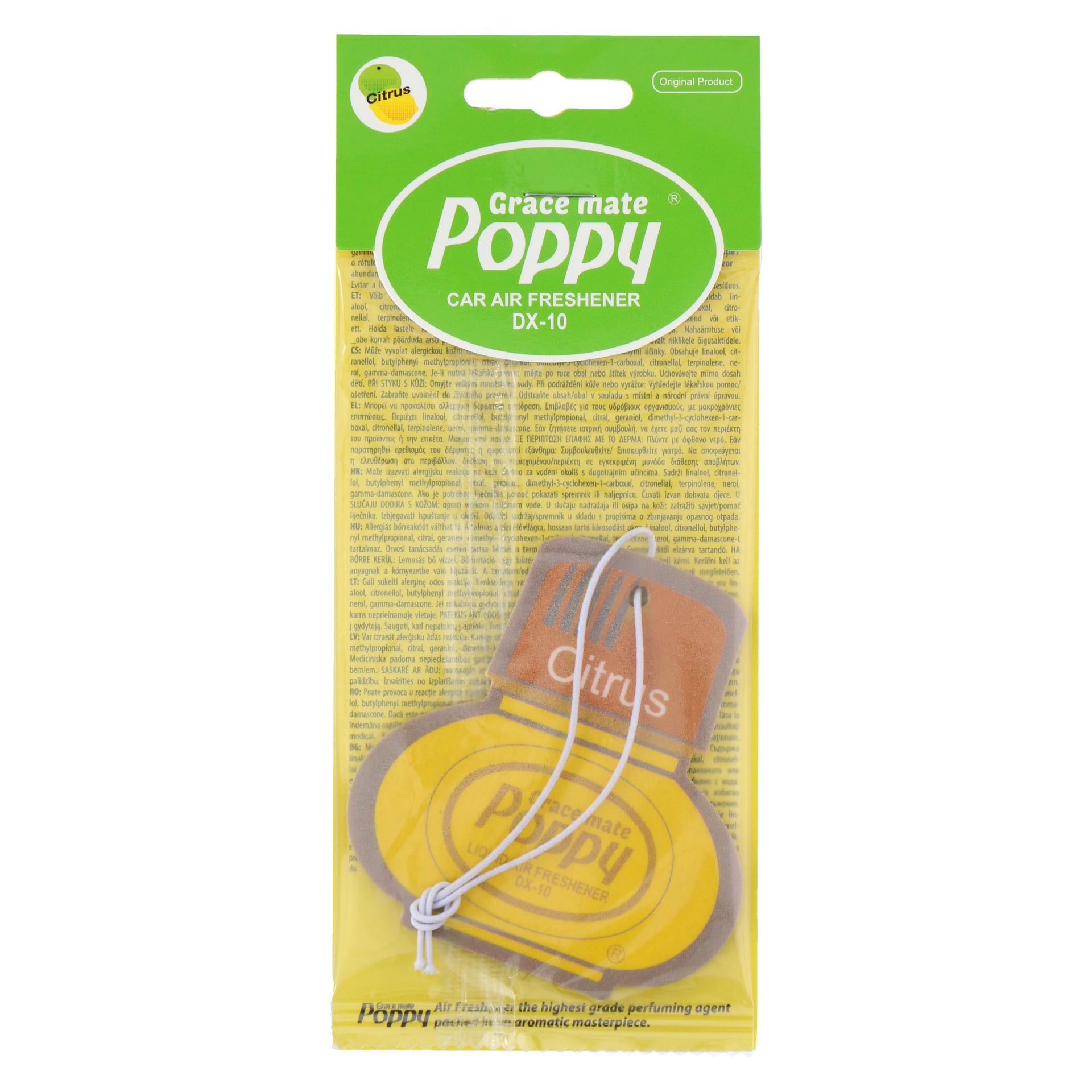 En Poppy Fragrant Figure-billuftfräschare är förpackad i ett gult och grönt papper märkt Citrus. Kartongluftfräscharen inuti är formad som en gul flaska med orange kork, och den har ett vitt snöre att hänga upp.