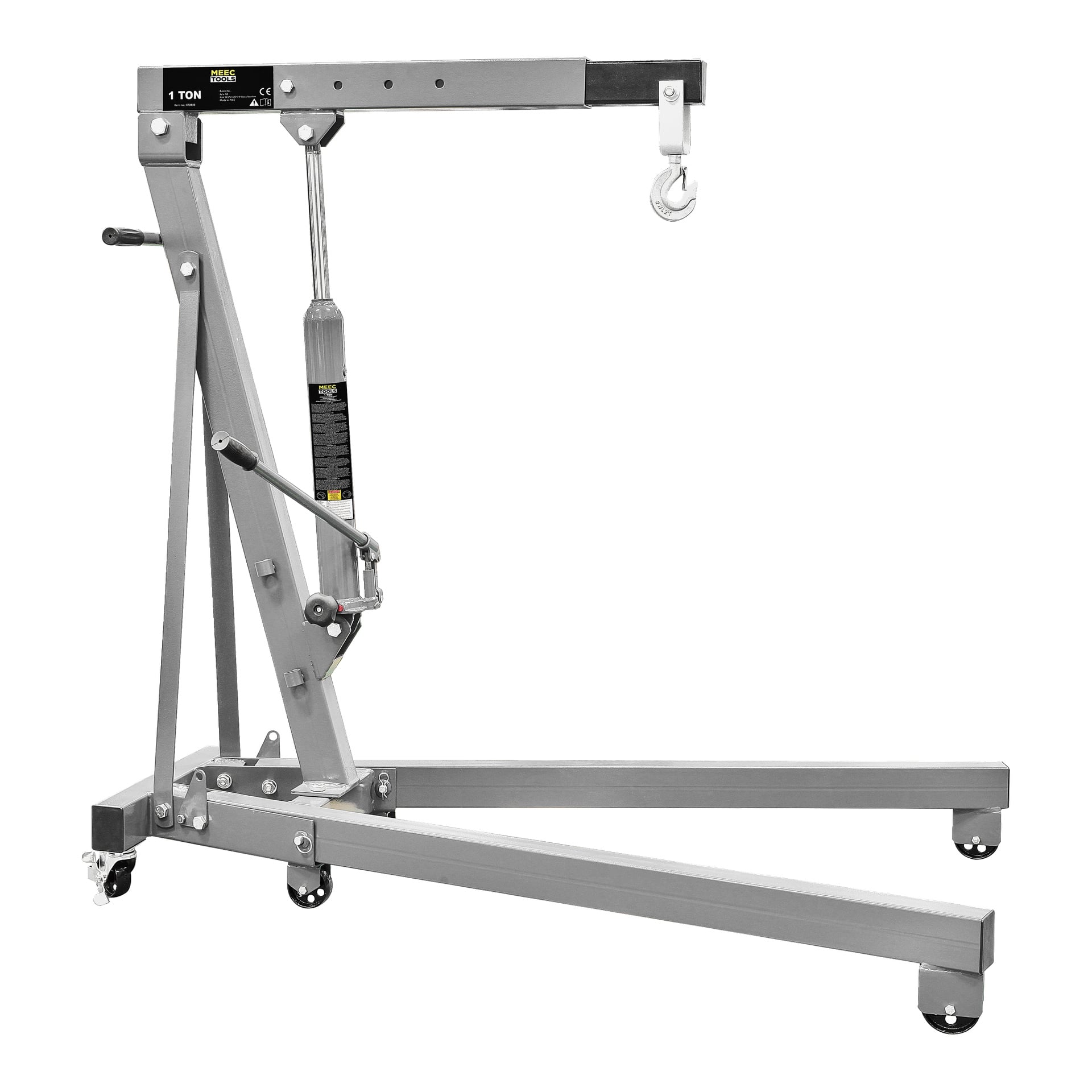 Ein Stahlkran der Werkstatt Meec Tools mit grauer Metalloberfläche, ausgestattet mit einem hydraulischen Wagenheber, Förderrädern für leichte Bewegung und einem Haken an der Spitze seines waagerechten Arms. Gebaut für Lasten bis zu einer Tonne.