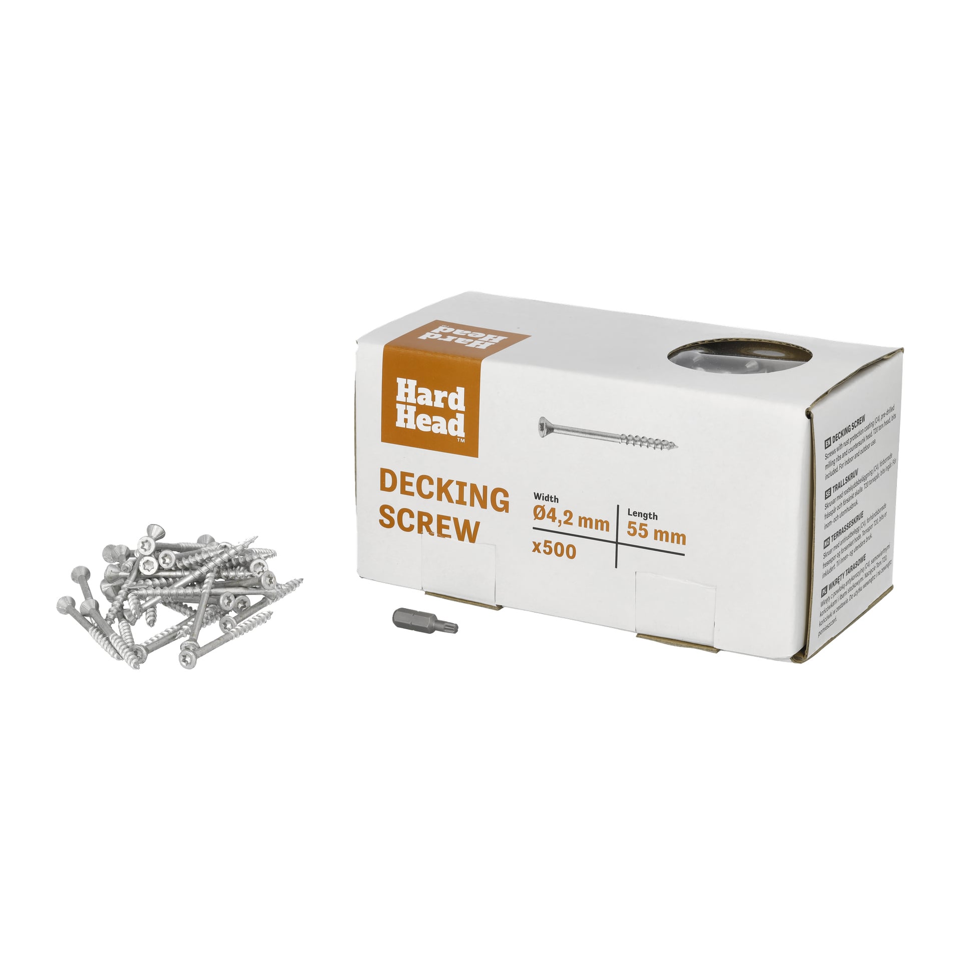 Pudełko śrub Hard Head Decking w zestawie 500, wymiary ø4,2 mm x 55 mm, z stertą luźnych śrub i śrubokrętem sześciokątnym z przodu.