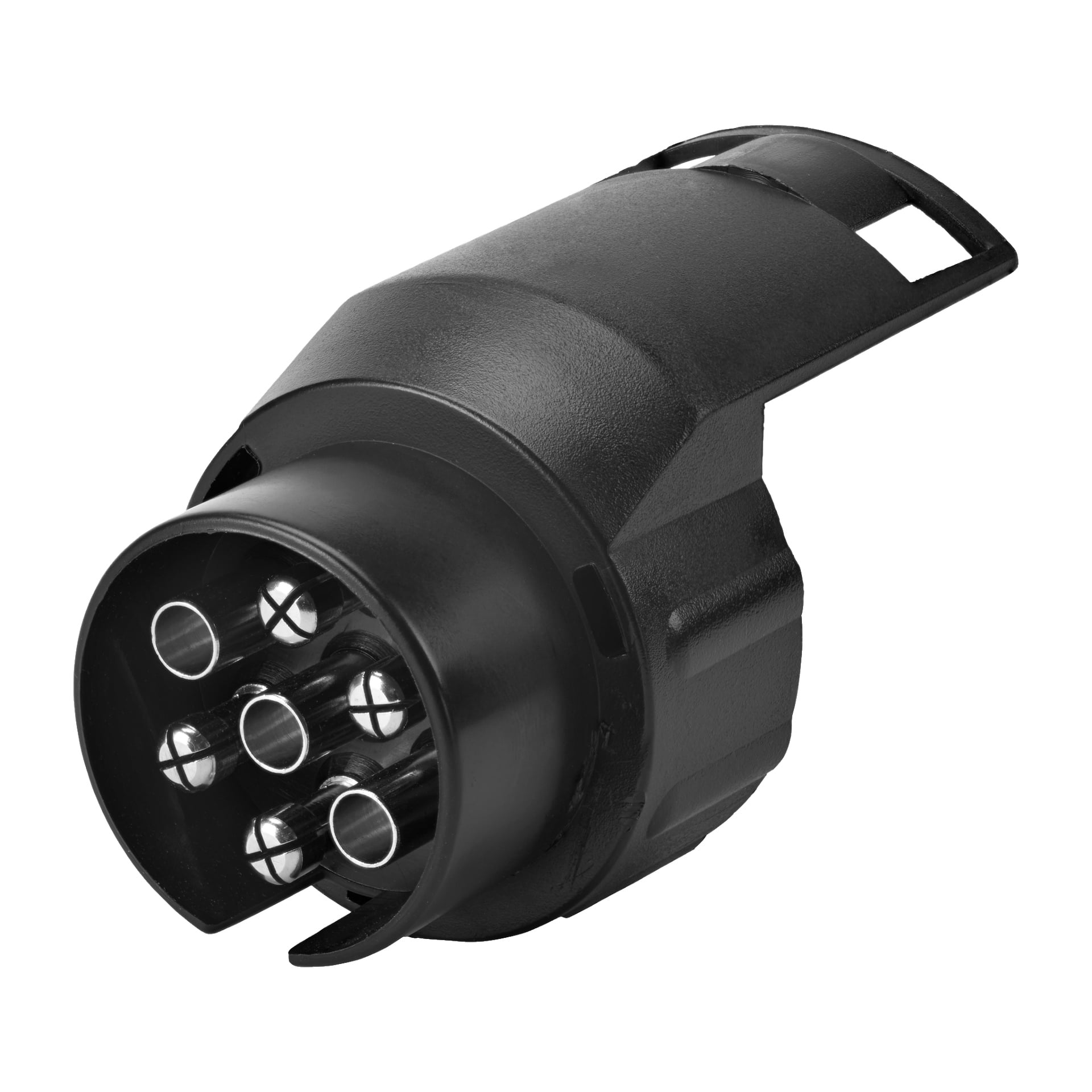 En svart Hamron Trailer-adapter med syv sølvpinner i sirkulær oppsett, laget for å kobles til en tilhengerkontakt. Den har et robust, ergonomisk plasthus.