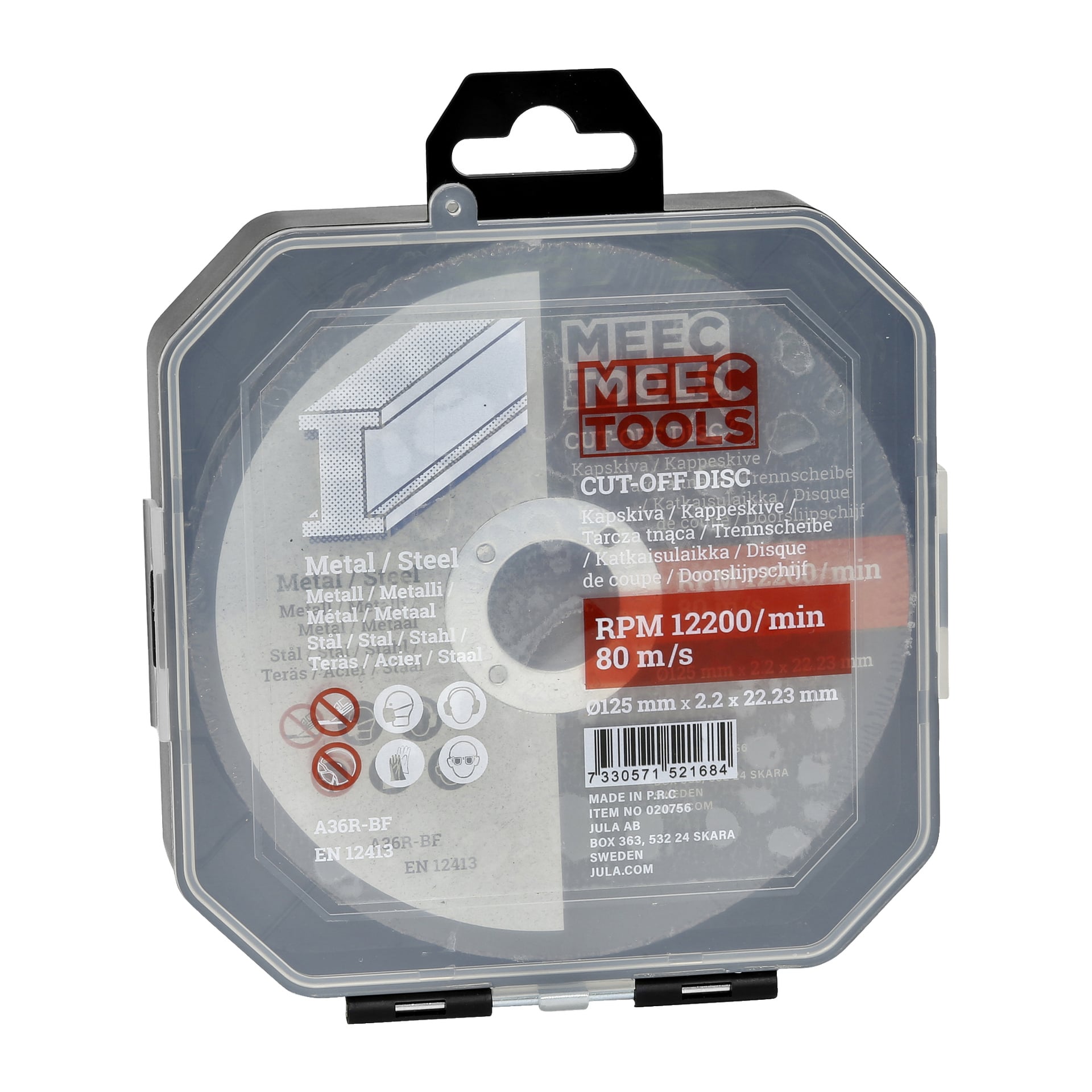 Ett paket med 10 Meec Tools metallskärskivor visas i ett klart, fyrkantigt plastfodral. Produktetiketten anger skivstorlek som 125 mm i diameter, tjocklek 2,2 mm, borrstorlek på 22,23 mm, topphastighet på 12 200 varv per minut, samt olika säkerhetssymboler.