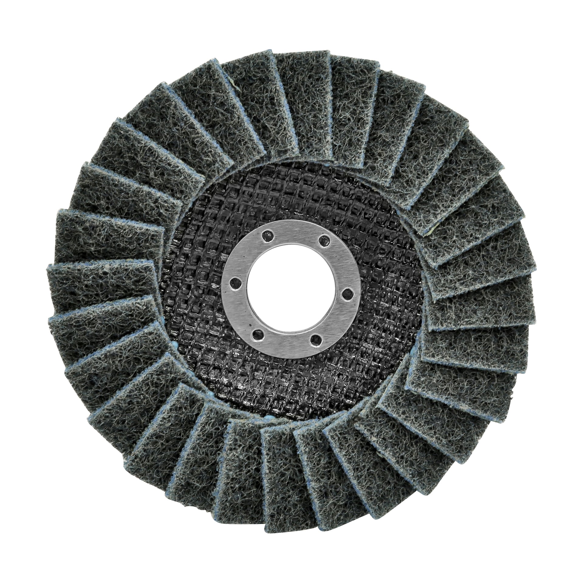 Närbild av Meec Tools Flap Disc med ett metallhål i mitten och lager av slipsegment som breder ut sig i ett radiellt mönster.
