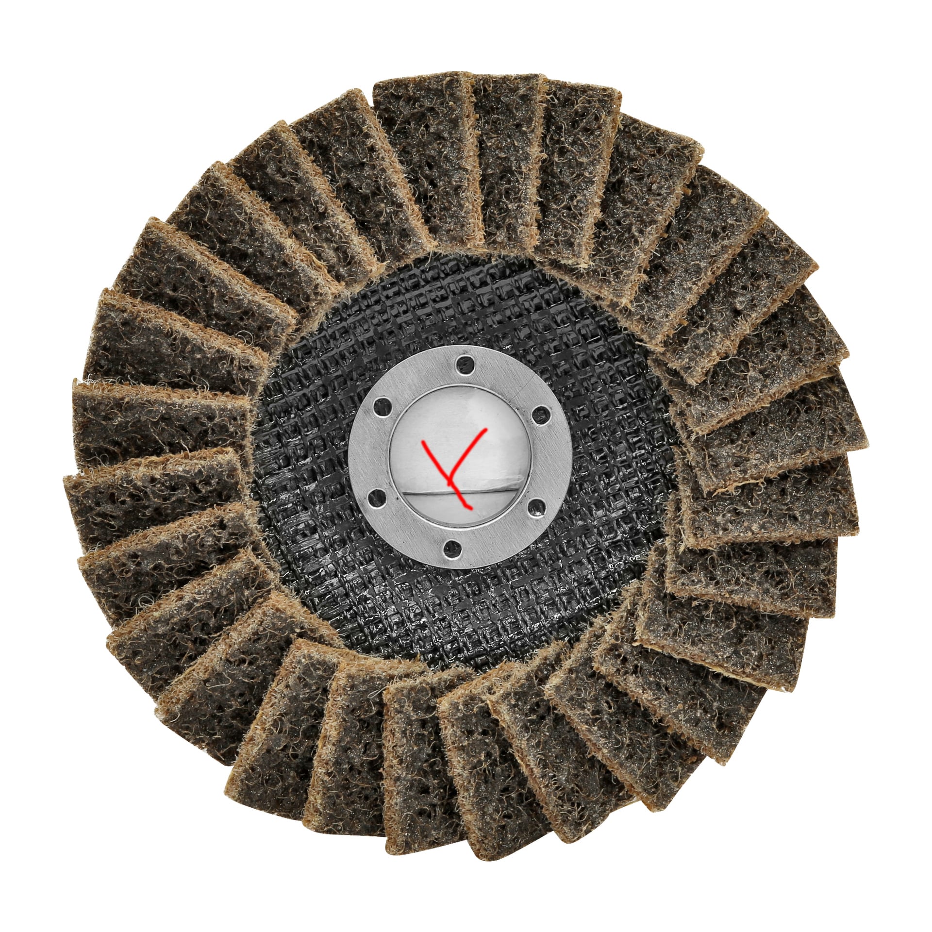 En Meec Tools Flap-skiva med metallcentrum har röda visare fästa i mitten, vilket får den att se ut som en urtavla.