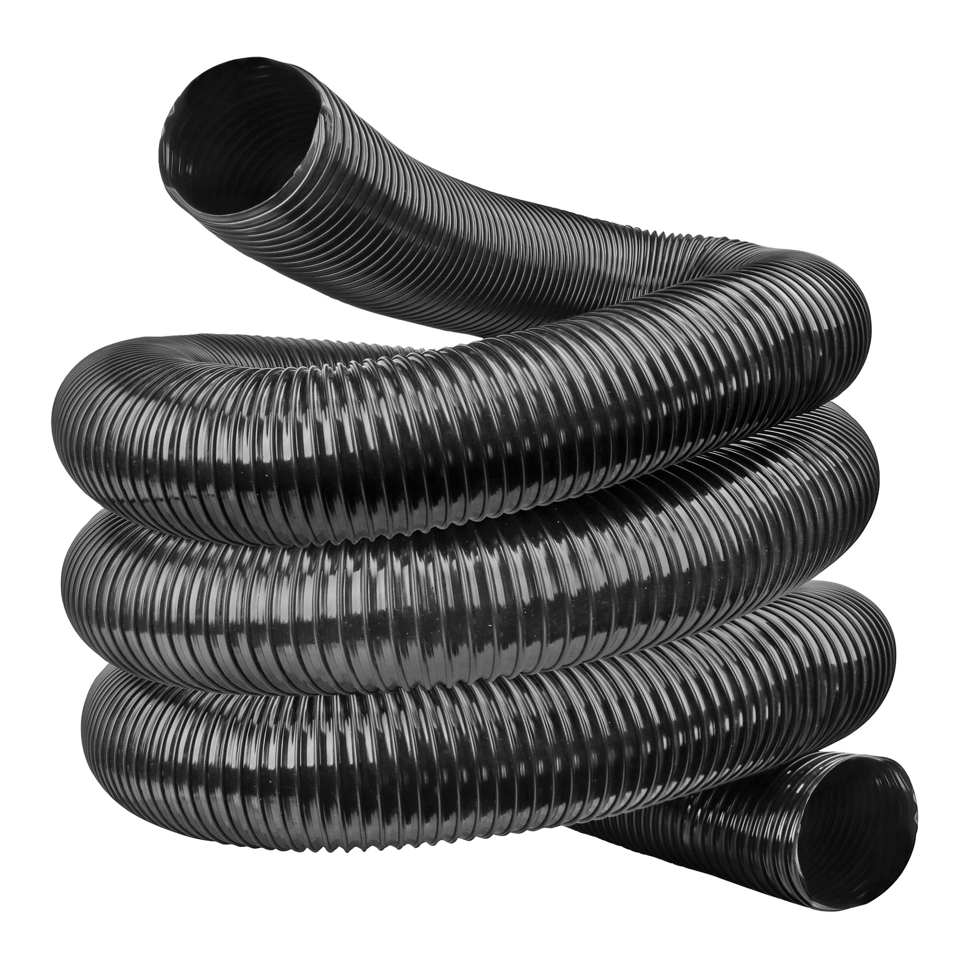En svart, spiralad sugslang från Meec Tools i plast med flexibla korrugerade åsar löper längs dess längd.