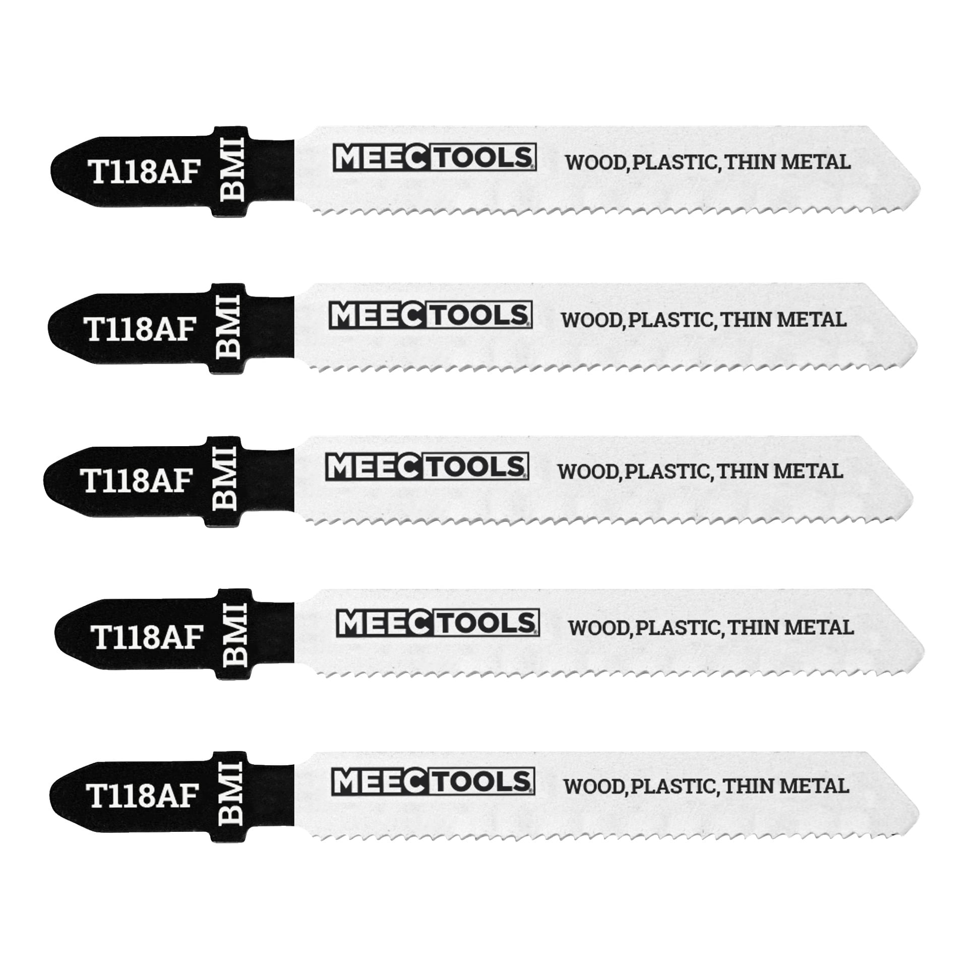 Fem Meec Tools Jigsaw-blad är uppradade horisontellt, var och en märkt för användning med trä, plast och tunn metall. "T118AF" och "BMI" är tryckta på den svarta sektionen nära där bladen fäster.