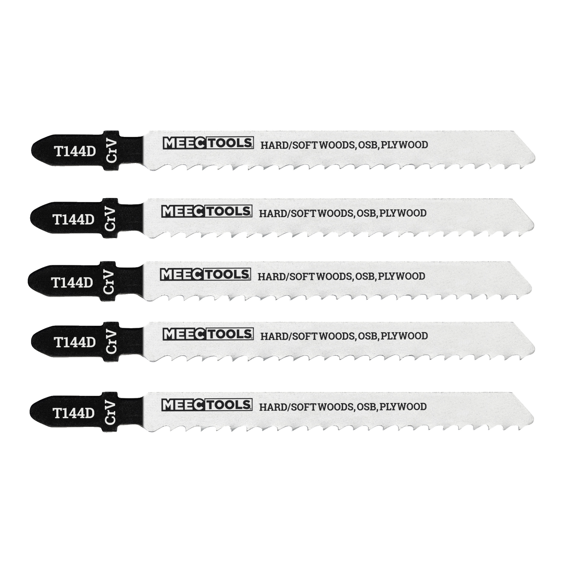 Fem identiska Meec Tools Jigsaw Blade från en 5-pack, märkta T144D och CV, designade för att skära hårt eller mjukt trä, OSB och plywood, är staplade horisontellt.