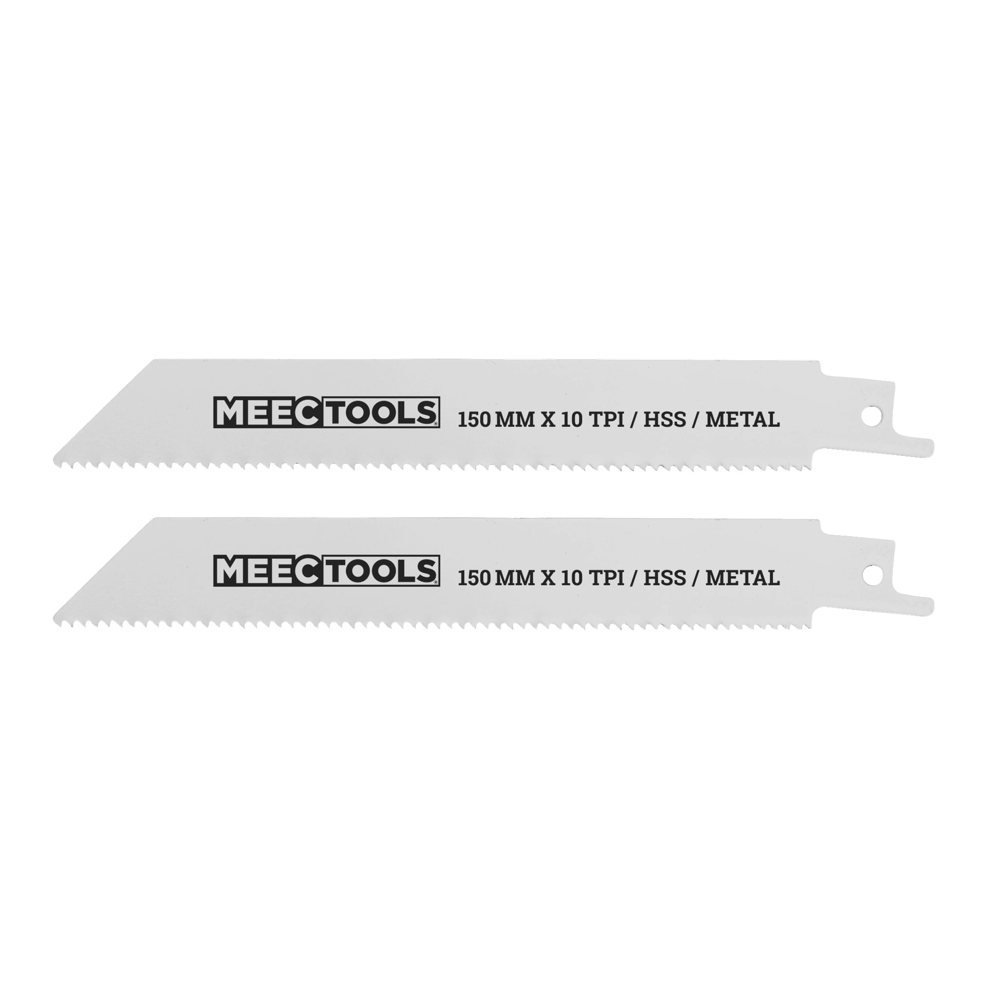 Ein Paar Meec Tools Säbelsägeblätter, beide mit den Spezifikationen "150 mm x 10 TPI / HSS / METALL" beschriftet, gefertigt zum Schneiden von Metall. Diese silbernen Klingen haben feine Zacken und ein einzelnes Loch zur Montage an einem Ende.