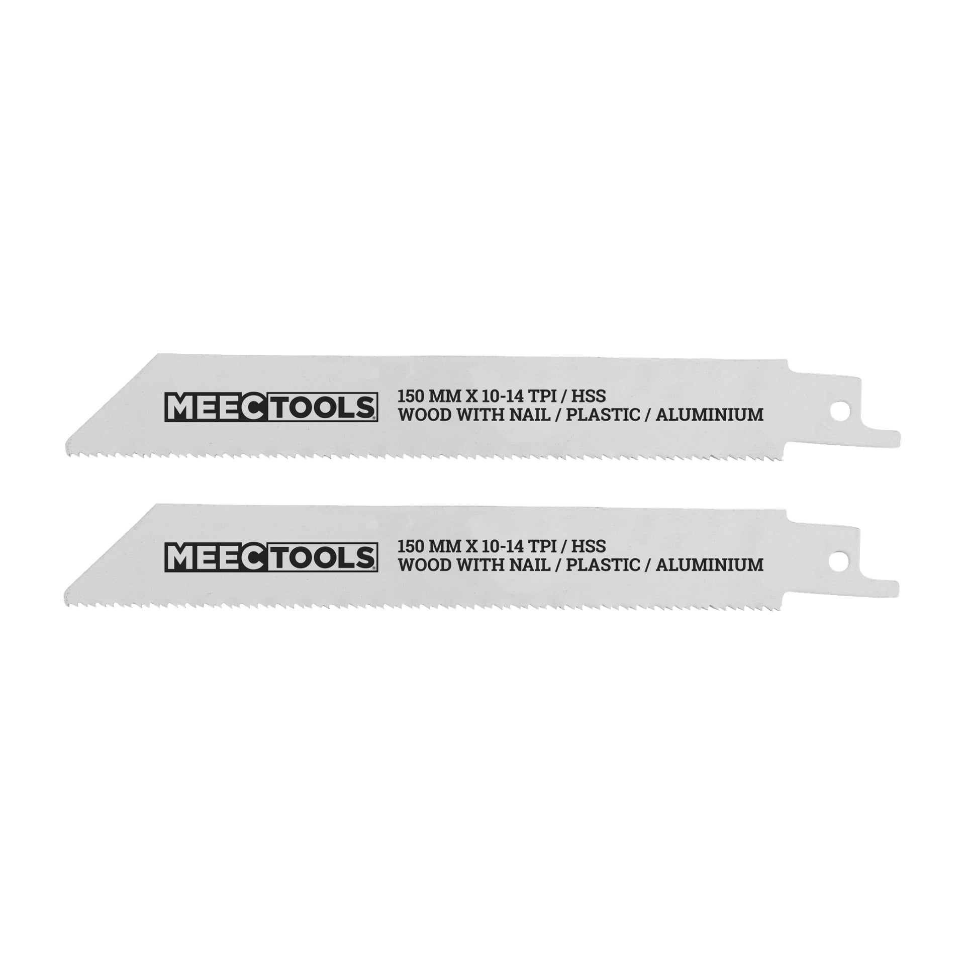 Ett par Meec Tools bajsågsblad, sålda som 2-pack. Varje blad är märkt "150 mm x 10-14 TPI / HSS" och avsett för att skära igenom trä med spikar, plast och aluminium. Bladen har fina tänder längs kanten och ett enda monteringshål i ena änden.