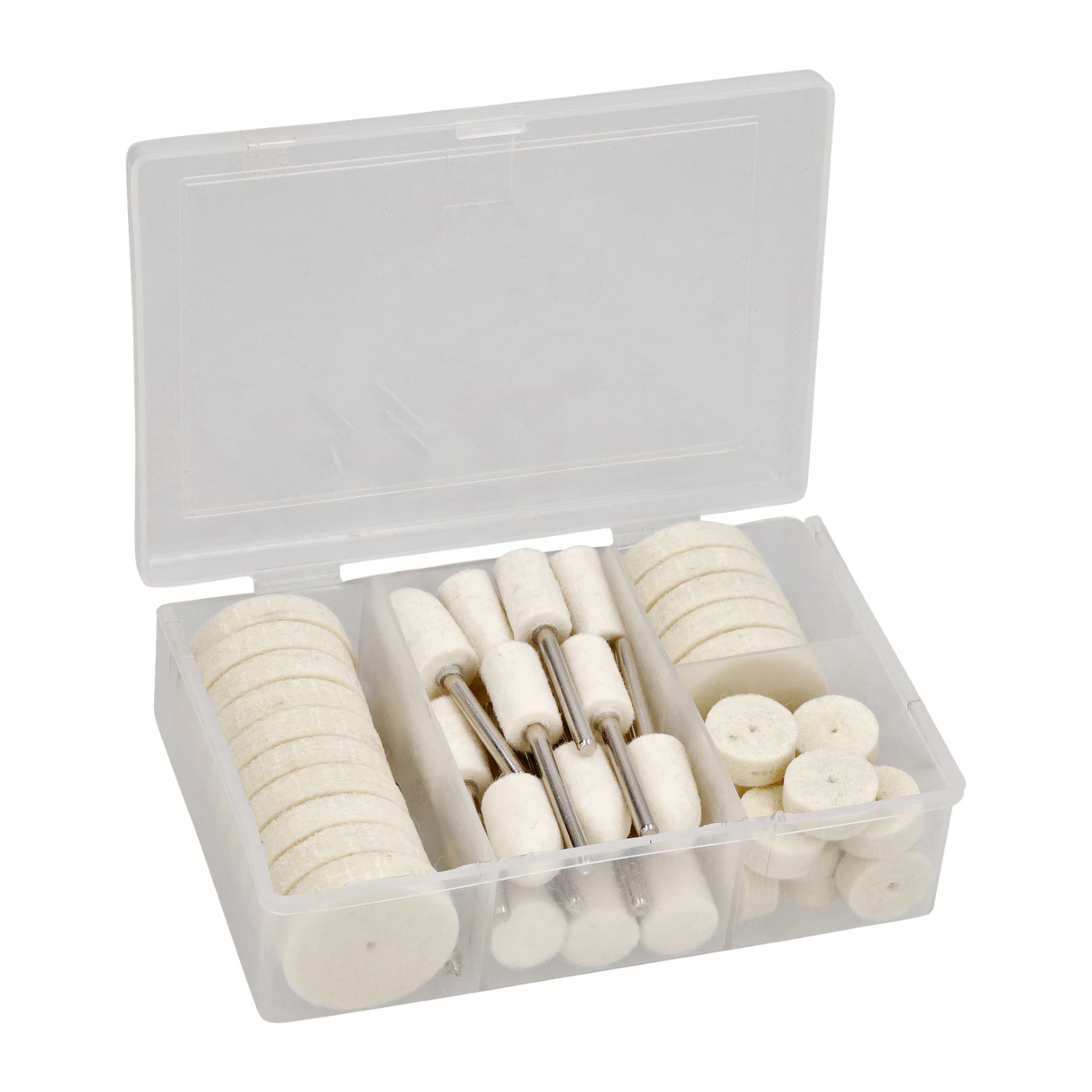 Ett Meec Tools "Poleringsstift 50 stycken" kit som innehåller olika vita filtpoleringshjul och cylindriska bitar med metallskaft, alla arrangerade i individuella sektioner i en genomskinlig plastlåda.